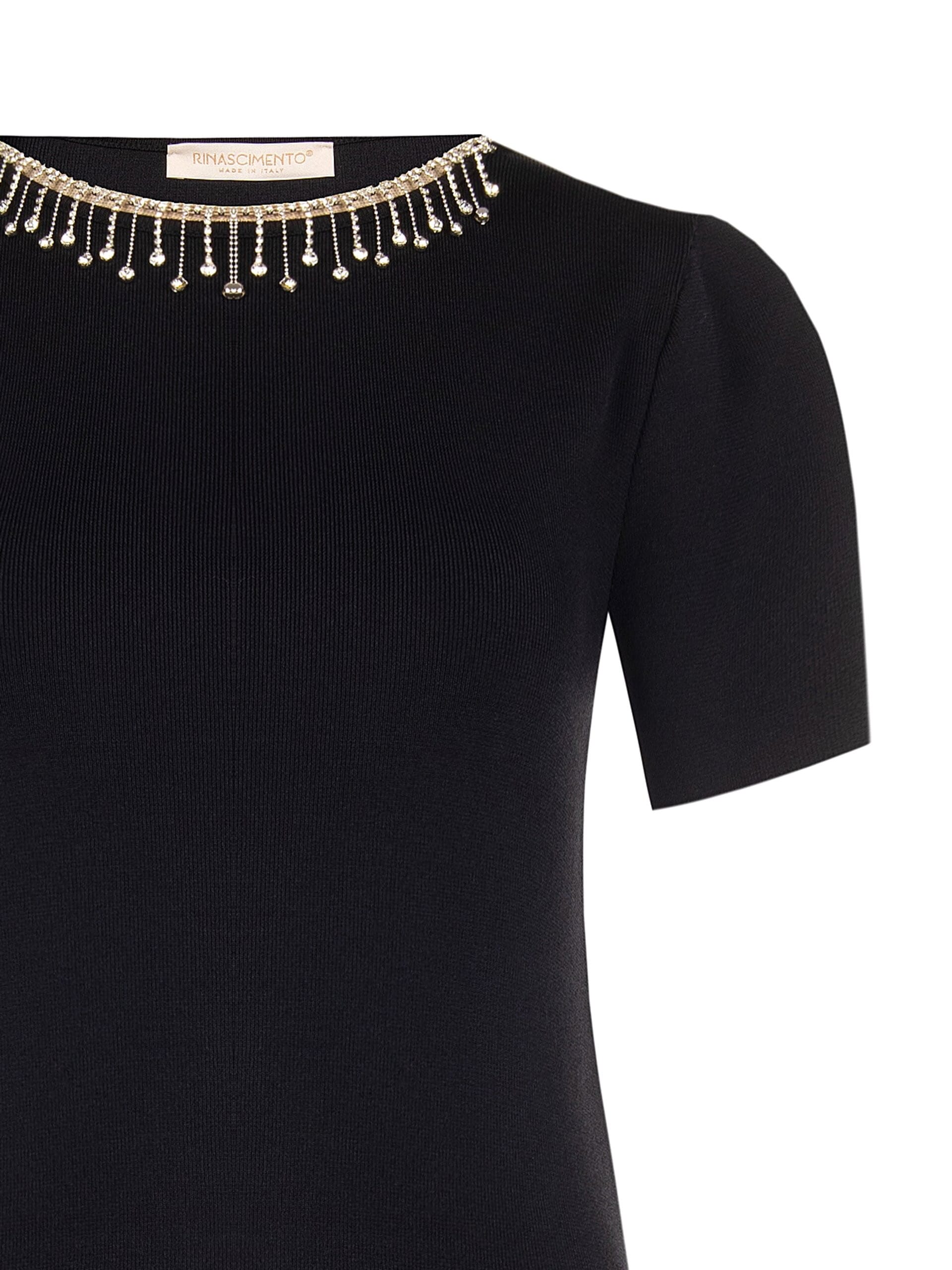 Structured top with fine ribbing in a viscose blend, featuring Rinascimento-style rhinestone fringing