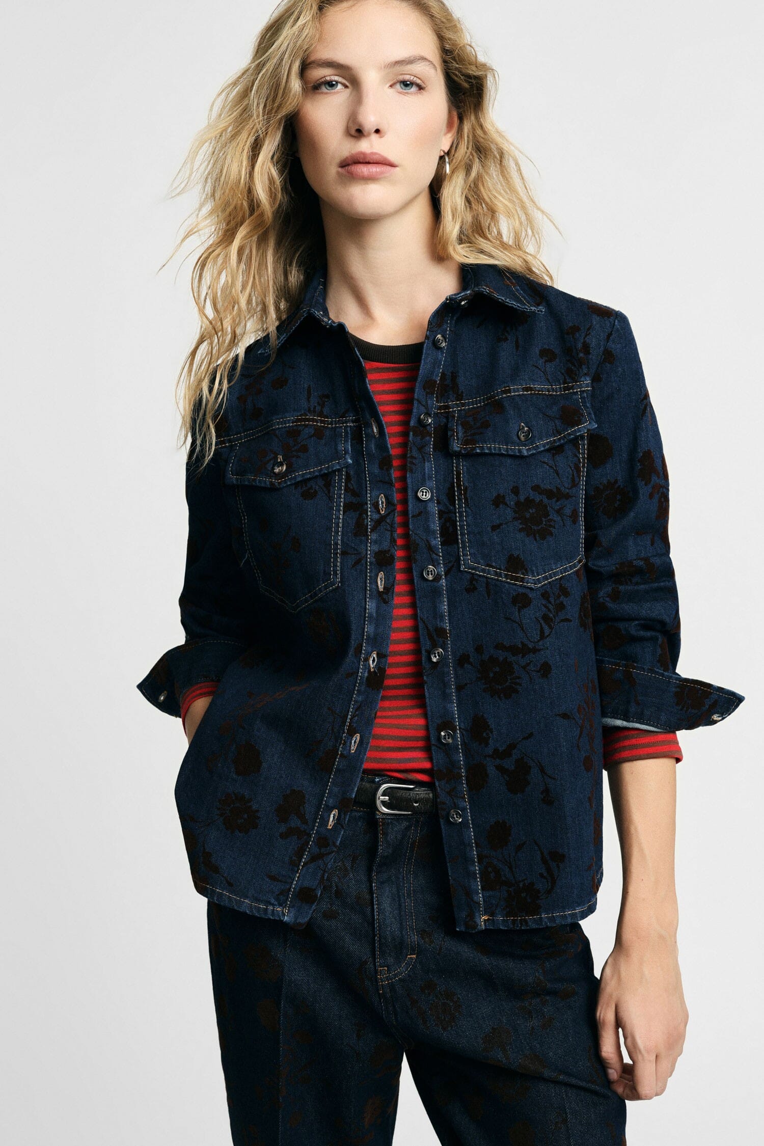 Denim Shirt with Floral Pattern and Pockets – Please
