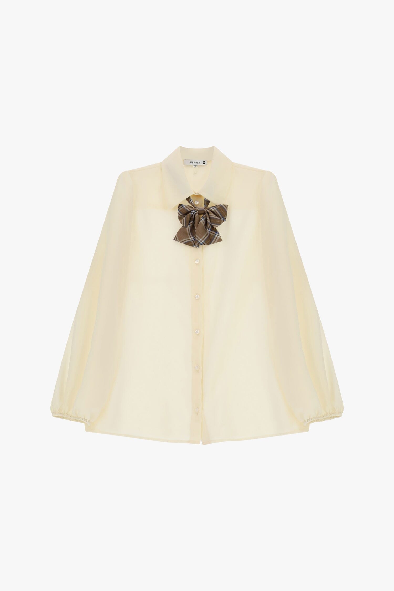 Loose-fitting shirt with balloon sleeves and a tartan bow, please