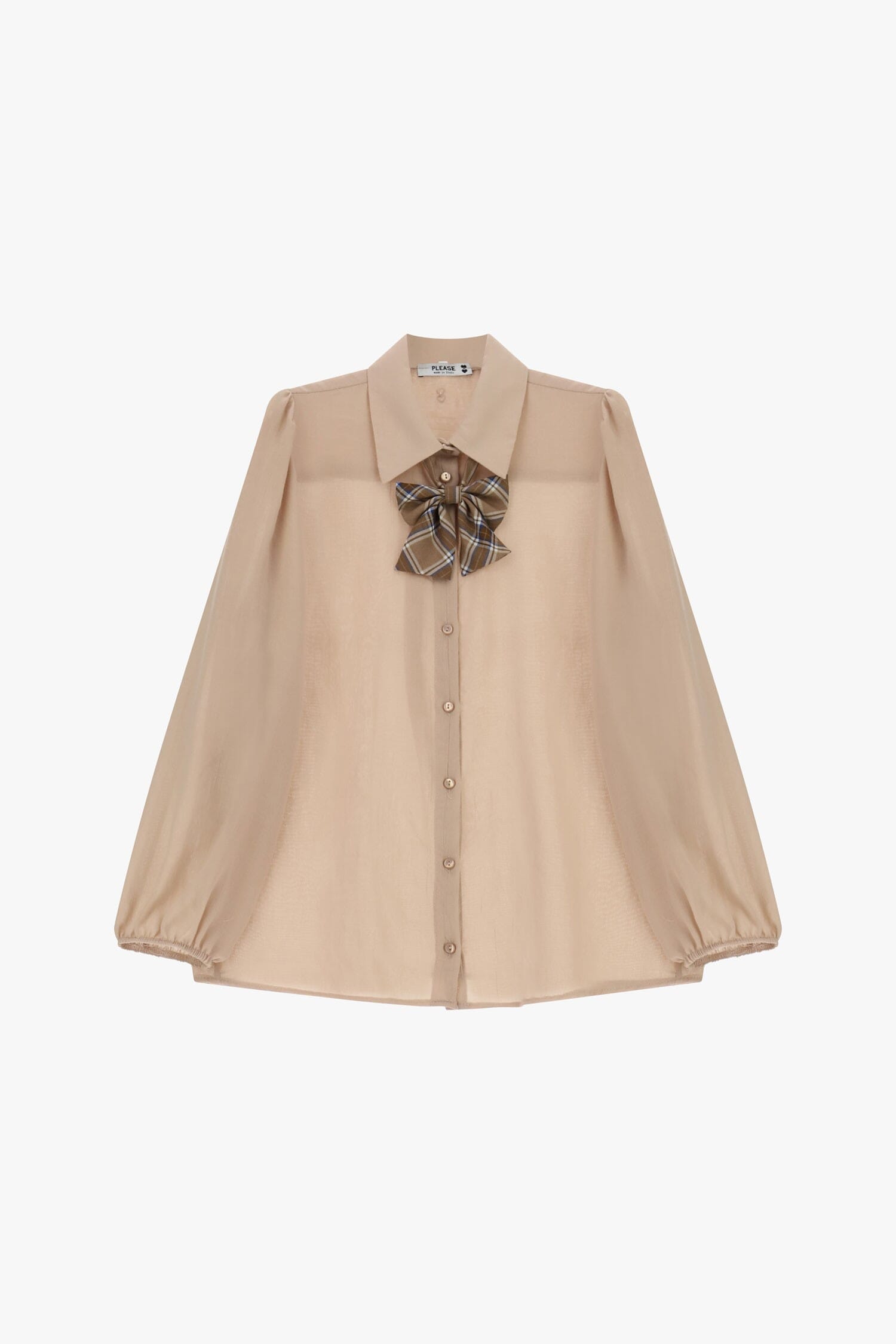 Loose-fitting shirt with balloon sleeves and a tartan bow, please