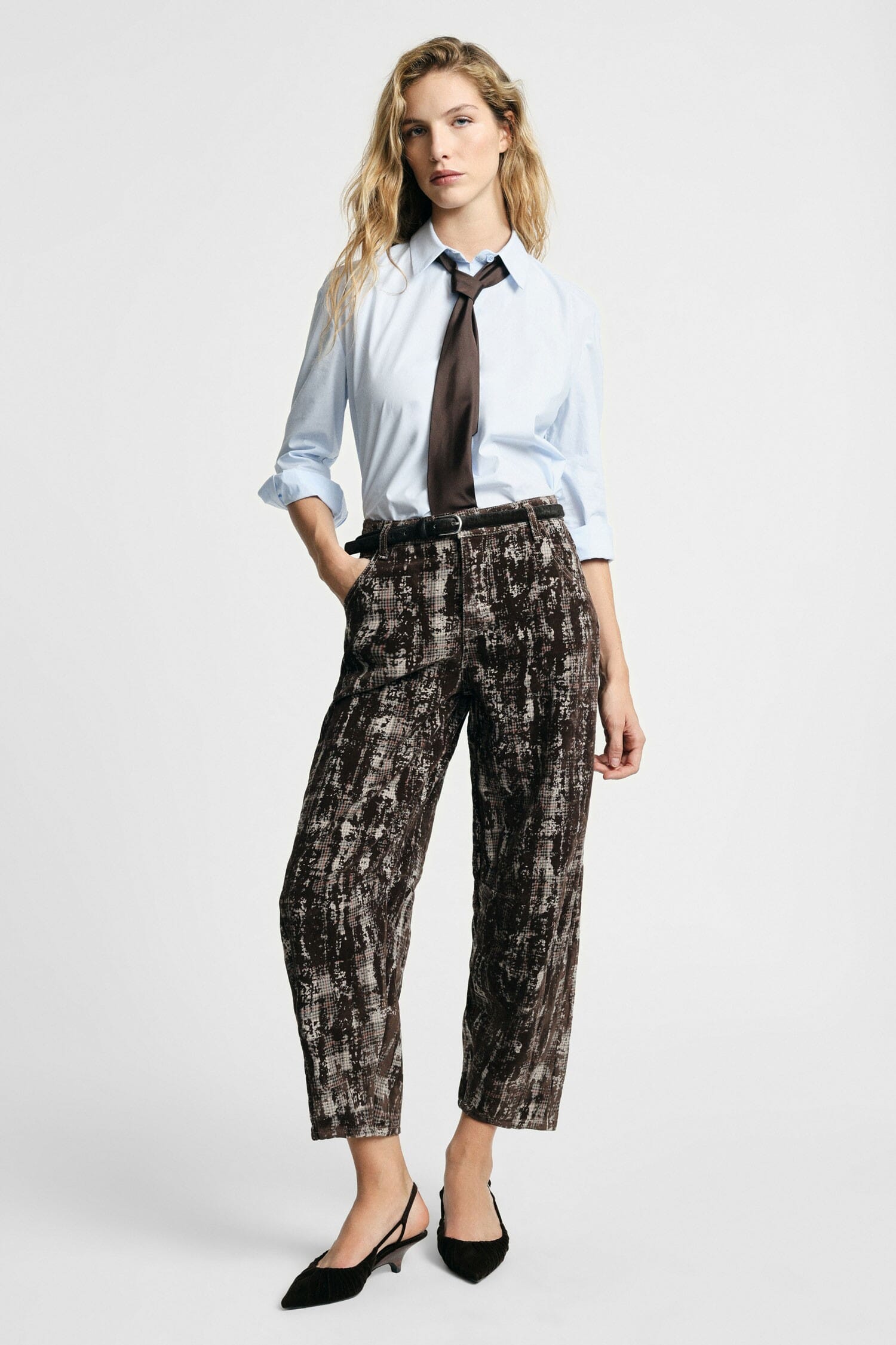Pantalon ample imprimé, taille haute, poches « Please »