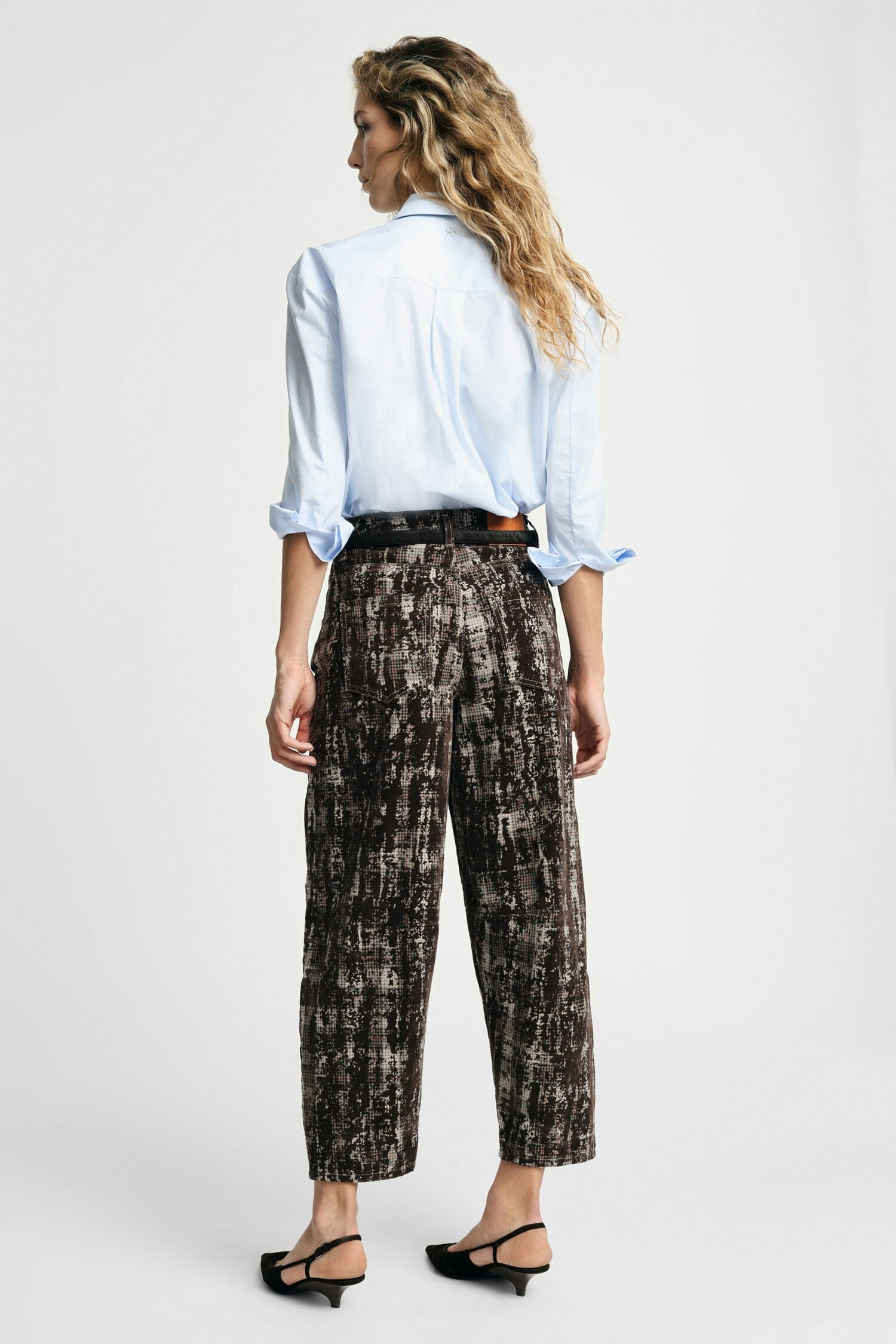 Pantalon ample imprimé, taille haute, poches « Please »
