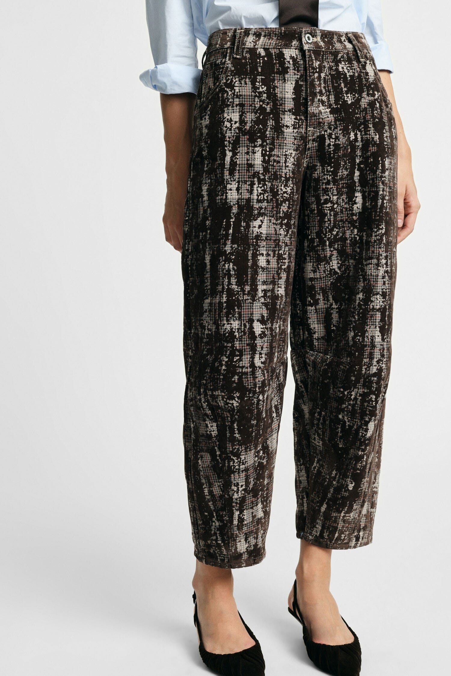 Pantalon ample imprimé, taille haute, poches « Please »