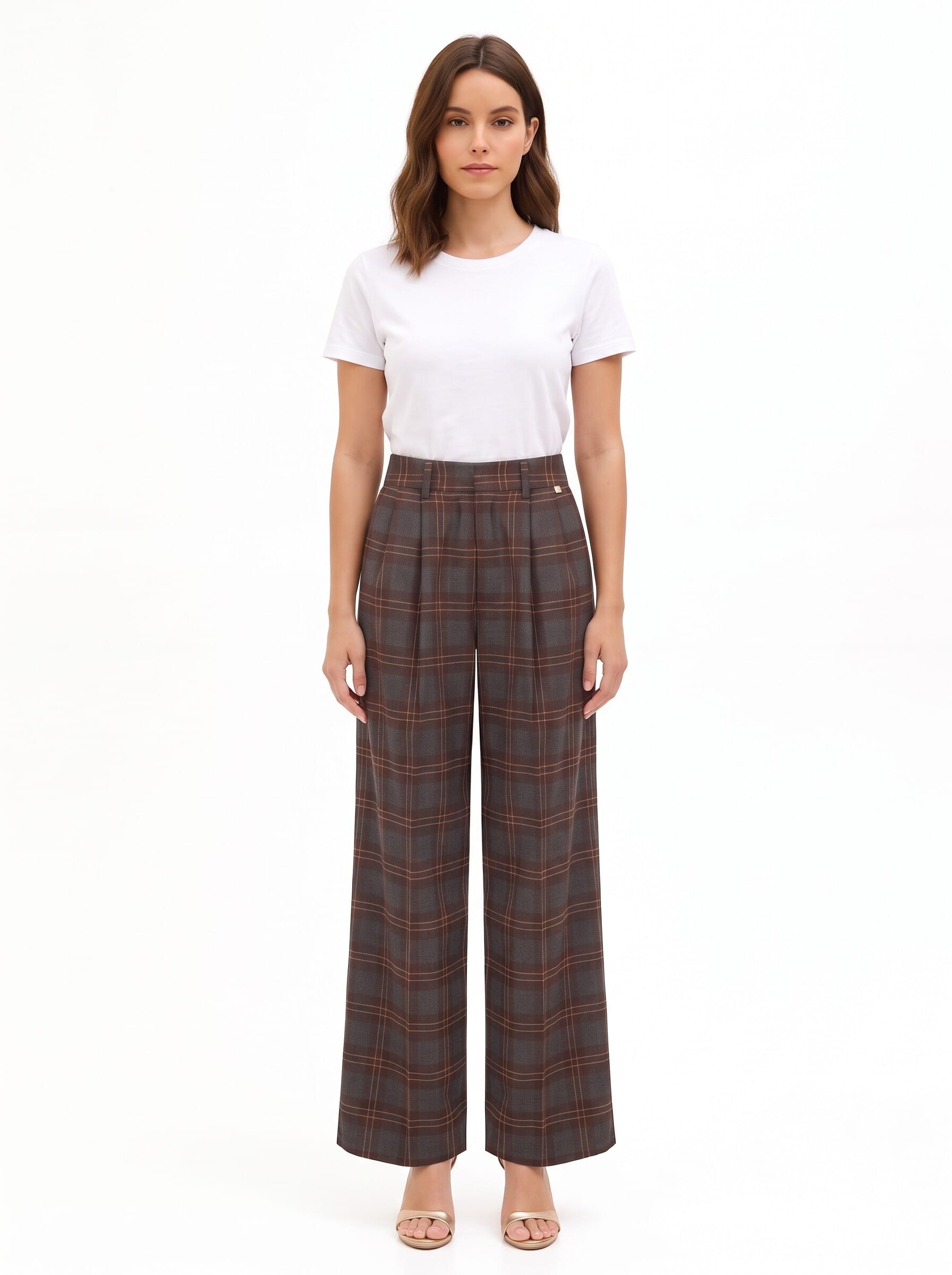 Pantaloni Palazzo Check In Misto Viscosa Con Doppia Pinces Rinascimento
