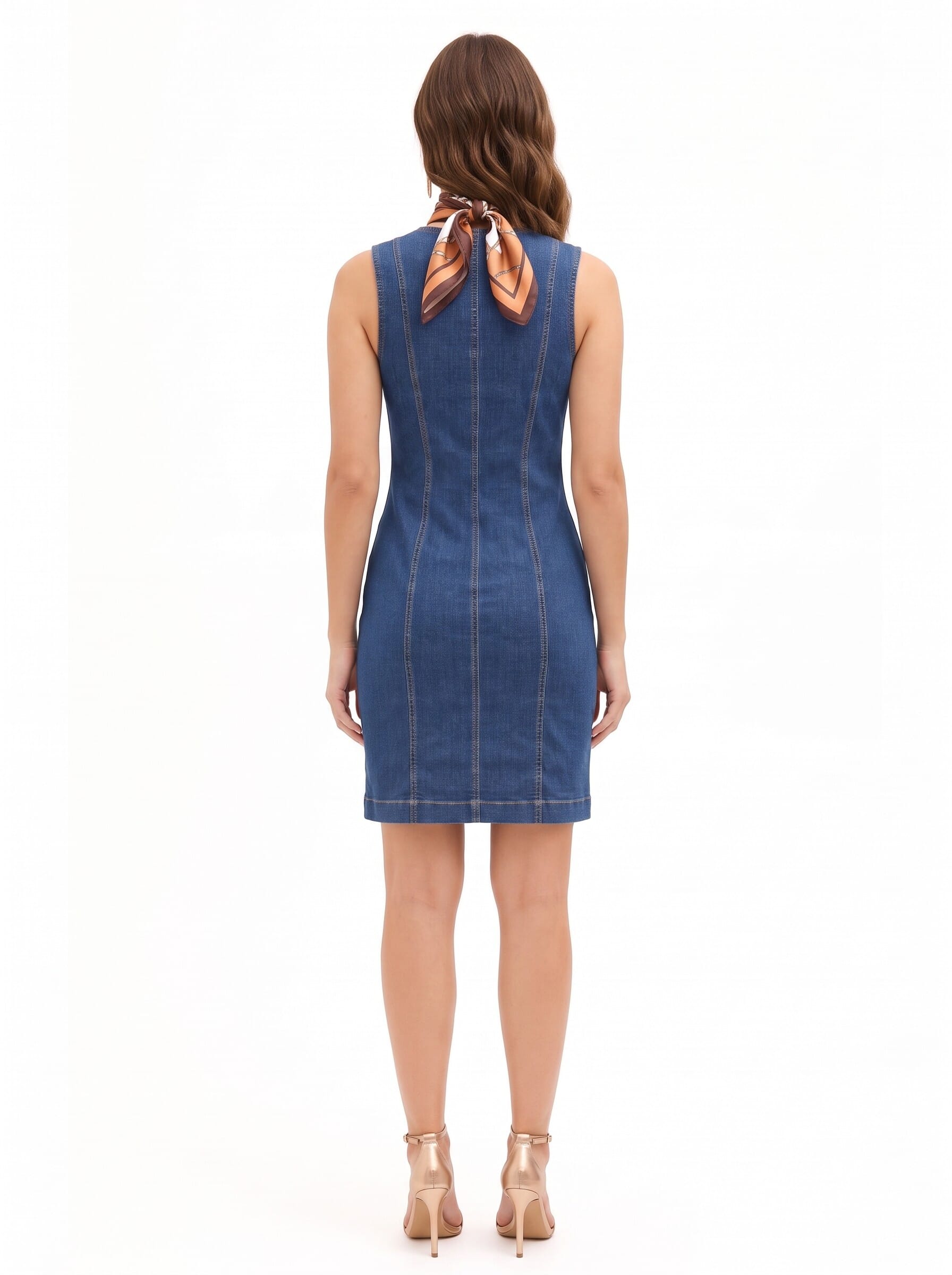 Abito Aderente In Denim Con Zip Frontale E Foulard Abbinato Rinascimento