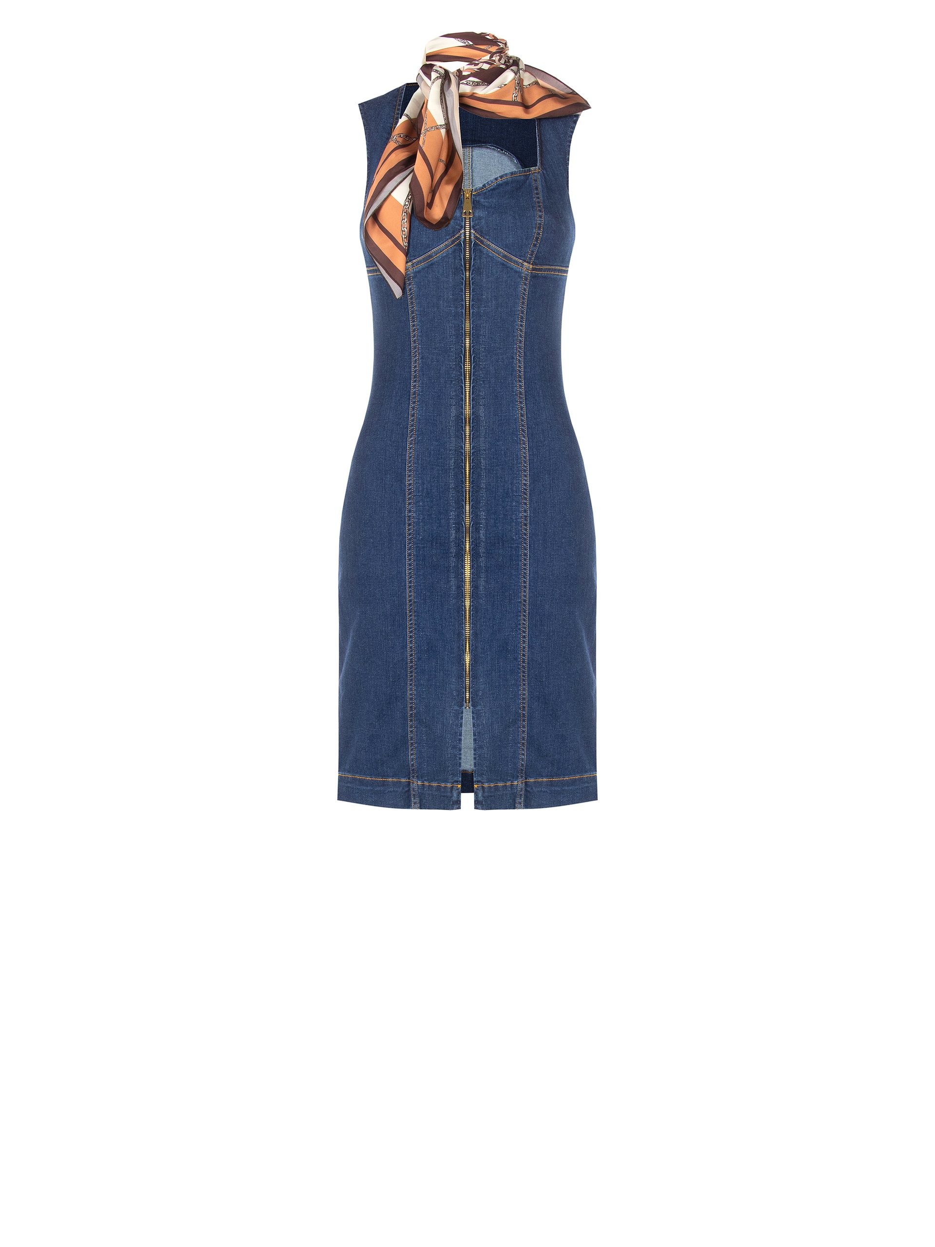 Abito Aderente In Denim Con Zip Frontale E Foulard Abbinato Rinascimento