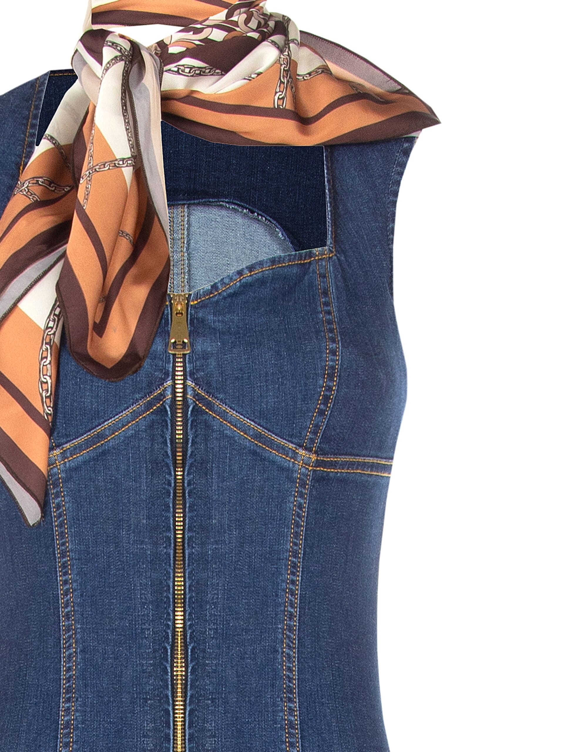 Abito Aderente In Denim Con Zip Frontale E Foulard Abbinato Rinascimento