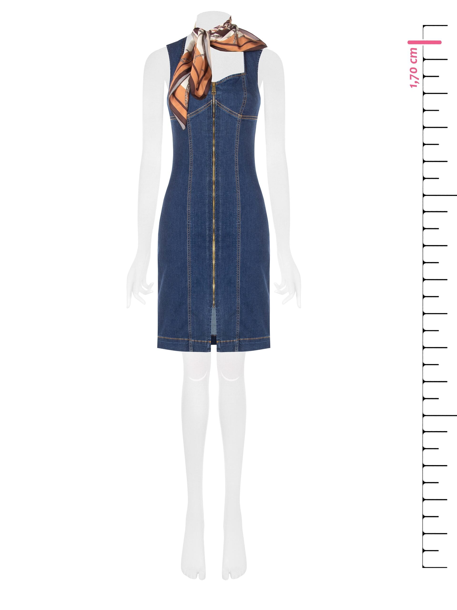Abito Aderente In Denim Con Zip Frontale E Foulard Abbinato Rinascimento