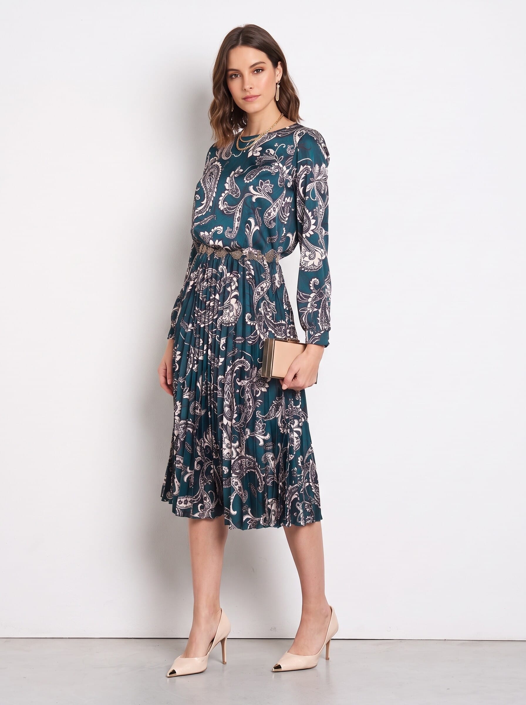 Long Pleated Satin Dress with Baroque-Rinascimento Motif