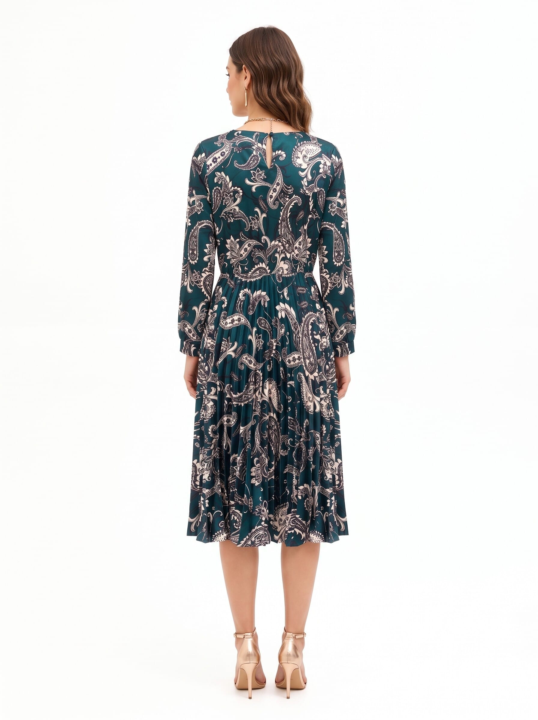 Long Pleated Satin Dress with Baroque-Rinascimento Motif