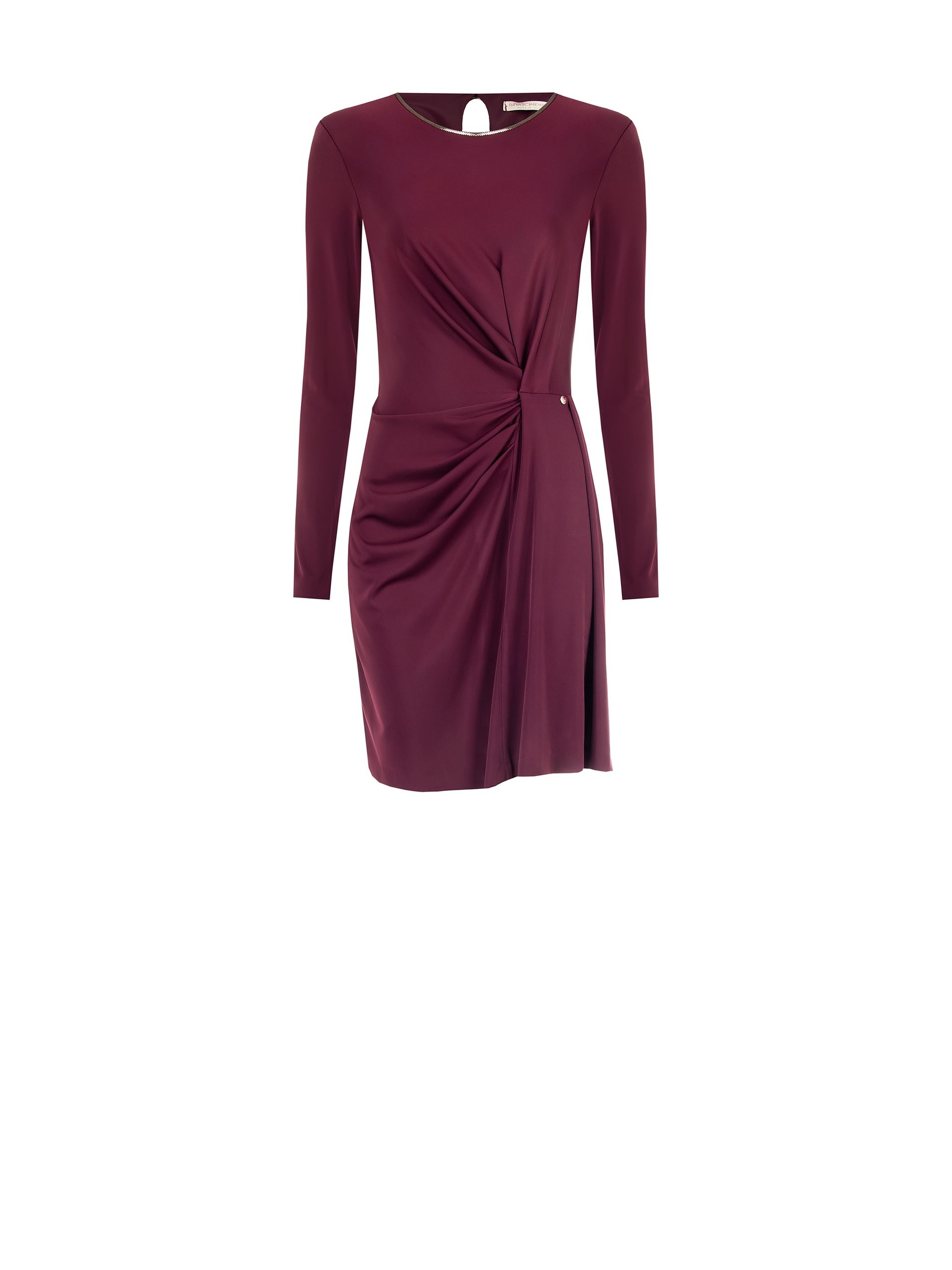 Short, draped jersey dress with a gold crew neck and Rinascimento-style straps