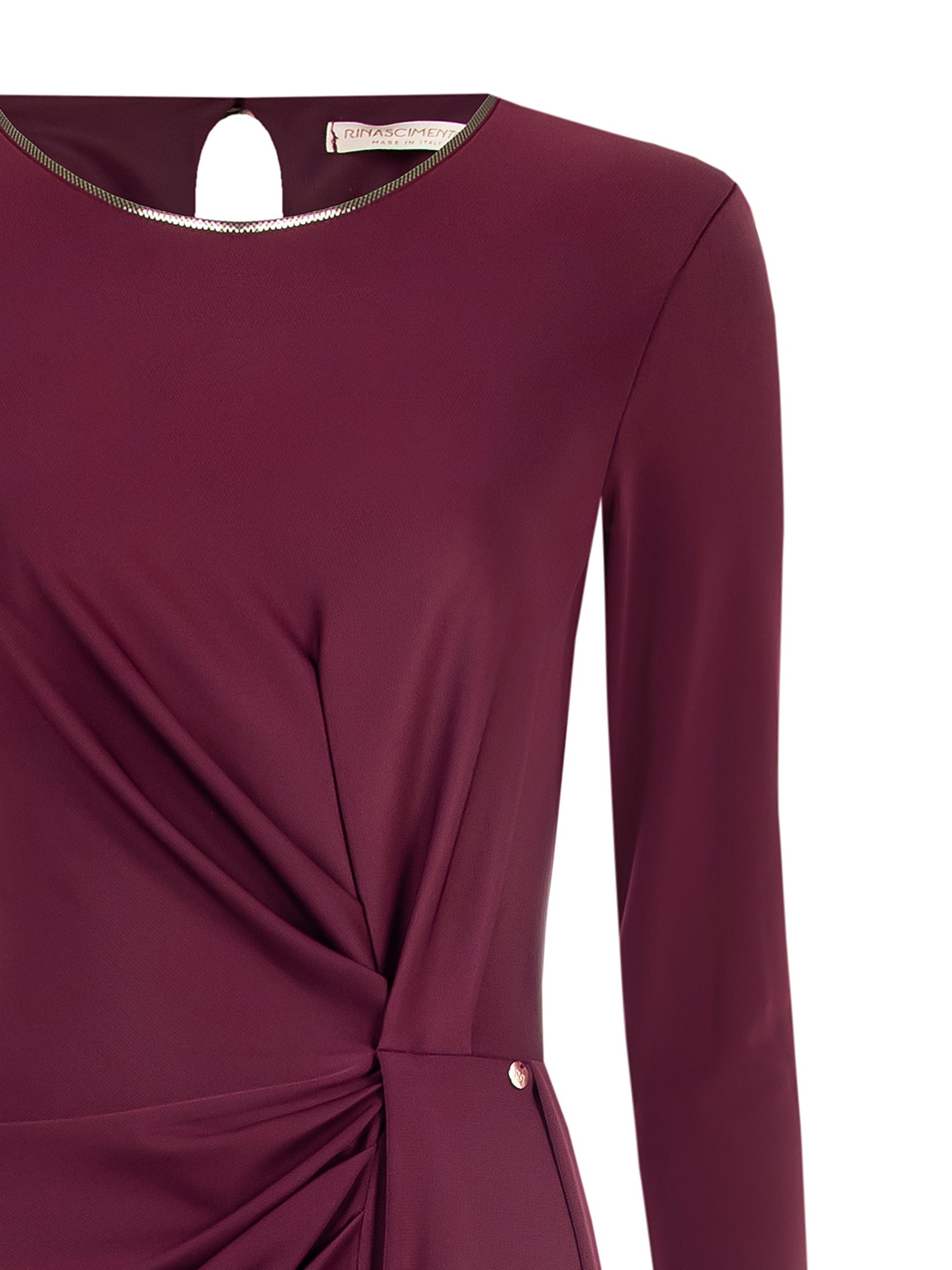 Short, draped jersey dress with a gold crew neck and Rinascimento-style straps