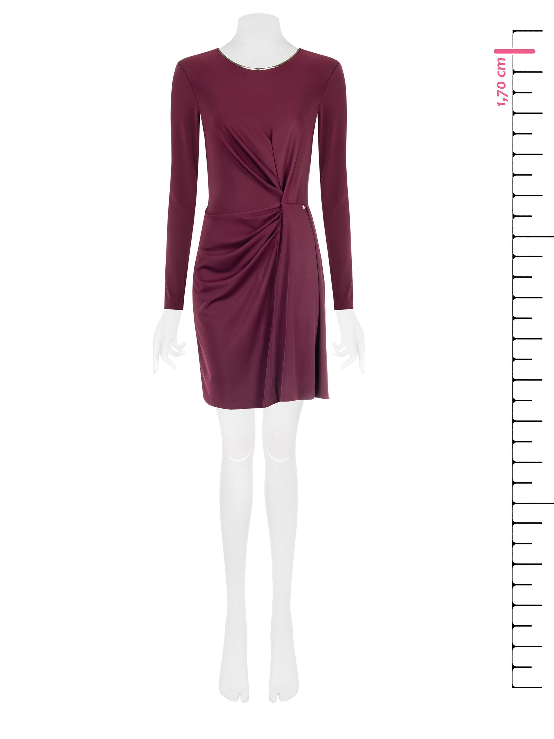 Short, draped jersey dress with a gold crew neck and Rinascimento-style straps