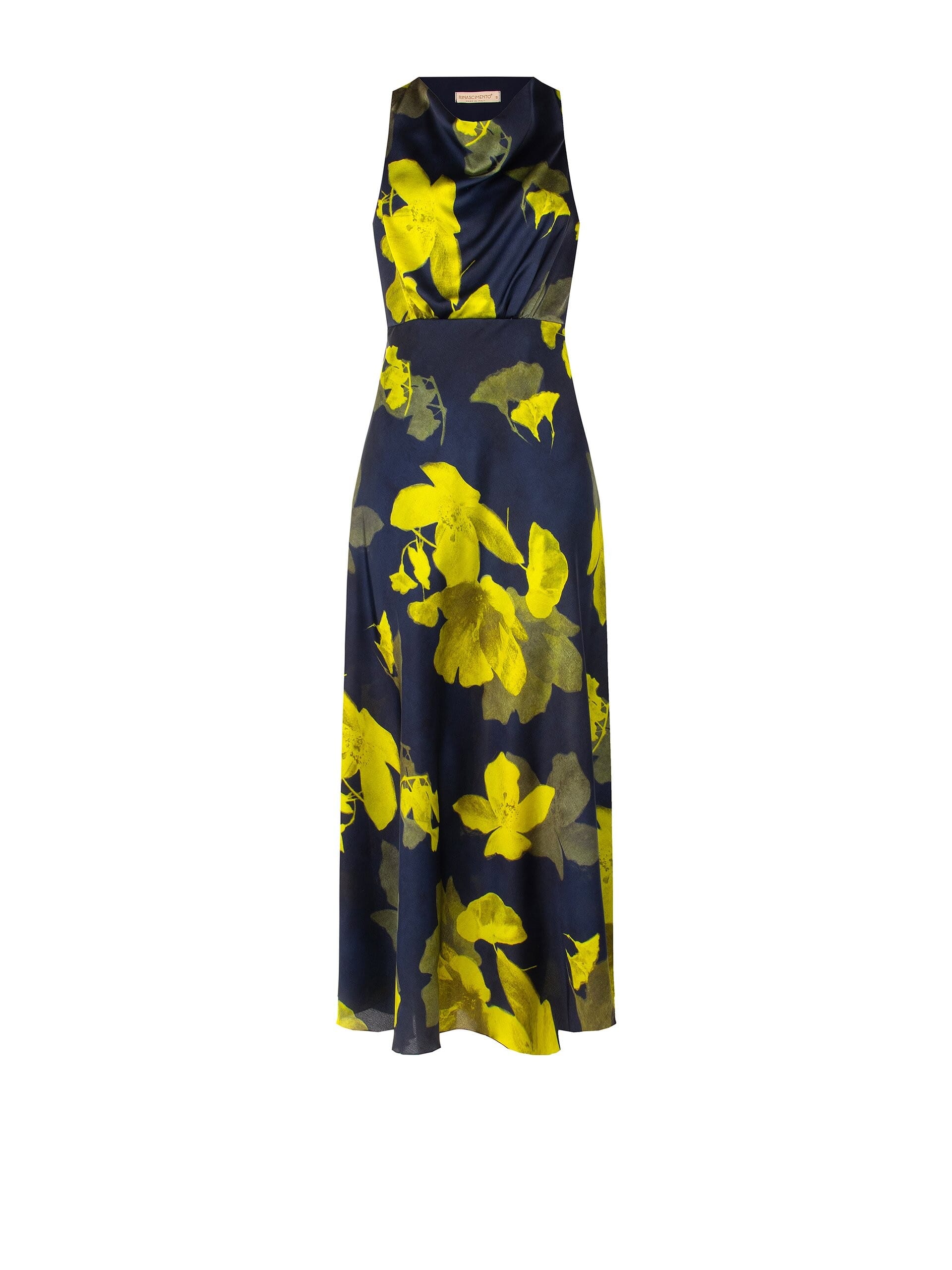 Robe longue et fluide en satin légèrement froncé, avec un motif floral de style Rinascimento