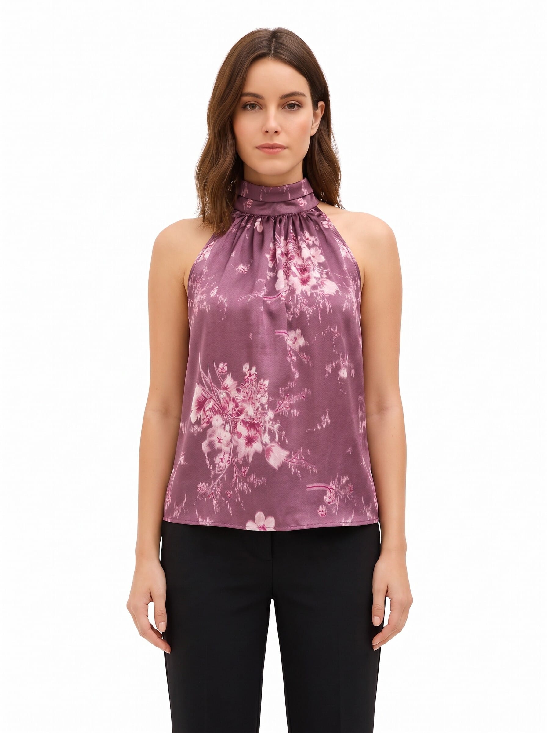 Wide-Shouldered, A-Line Top in Satin with a Rinascimento-Style Gradient Floral Print