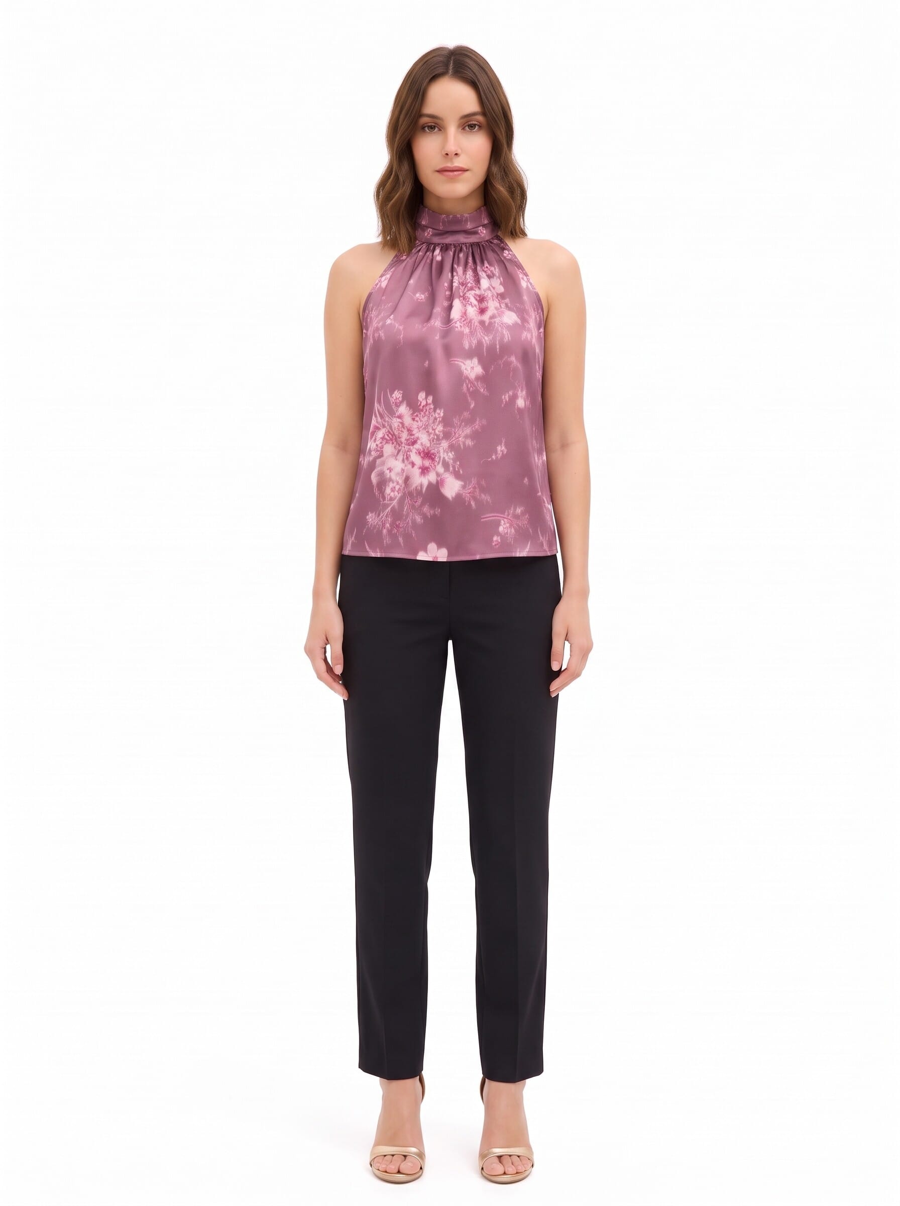 Wide-Shouldered, A-Line Top in Satin with a Rinascimento-Style Gradient Floral Print
