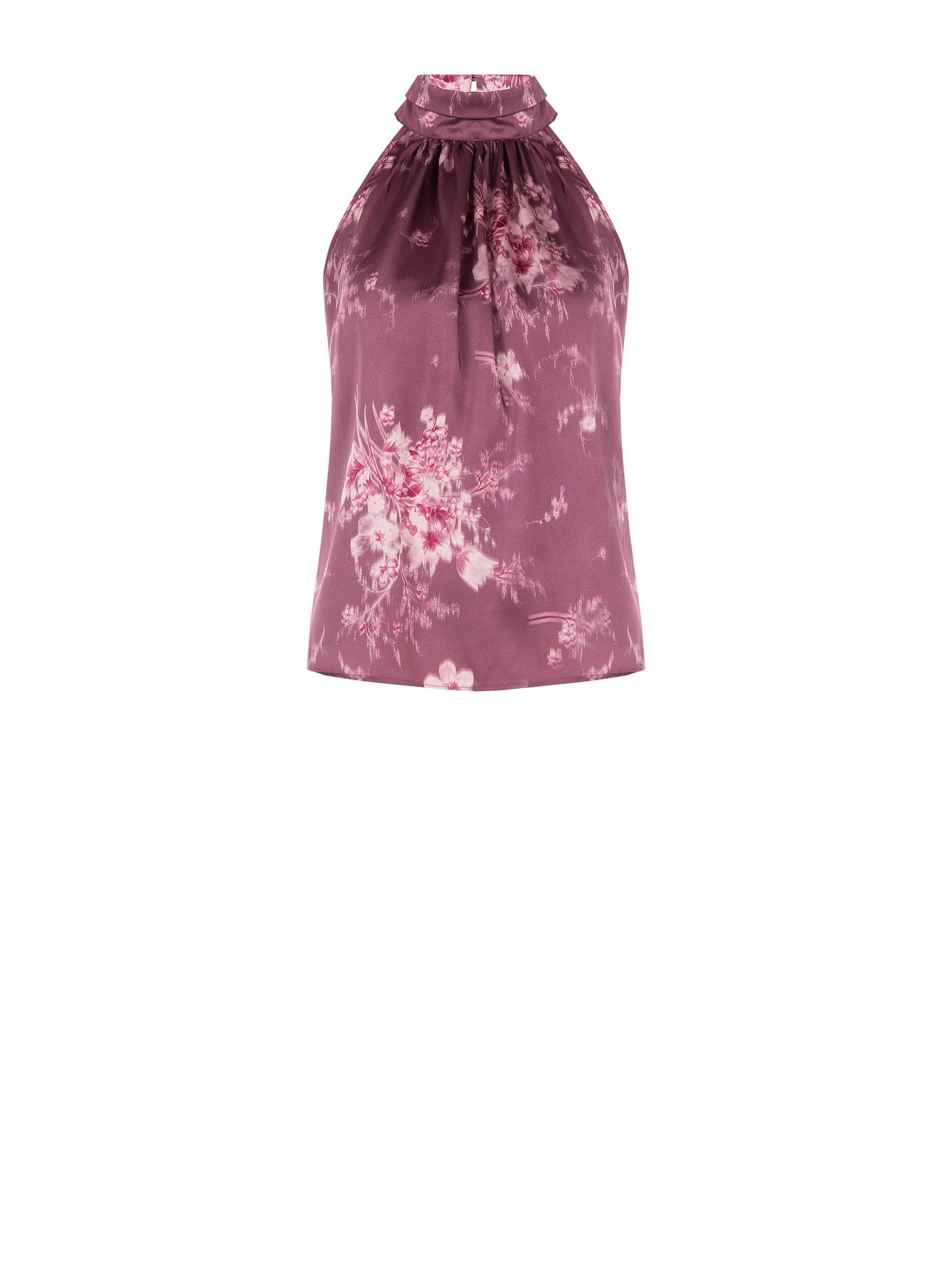 Wide-Shouldered, A-Line Top in Satin with a Rinascimento-Style Gradient Floral Print