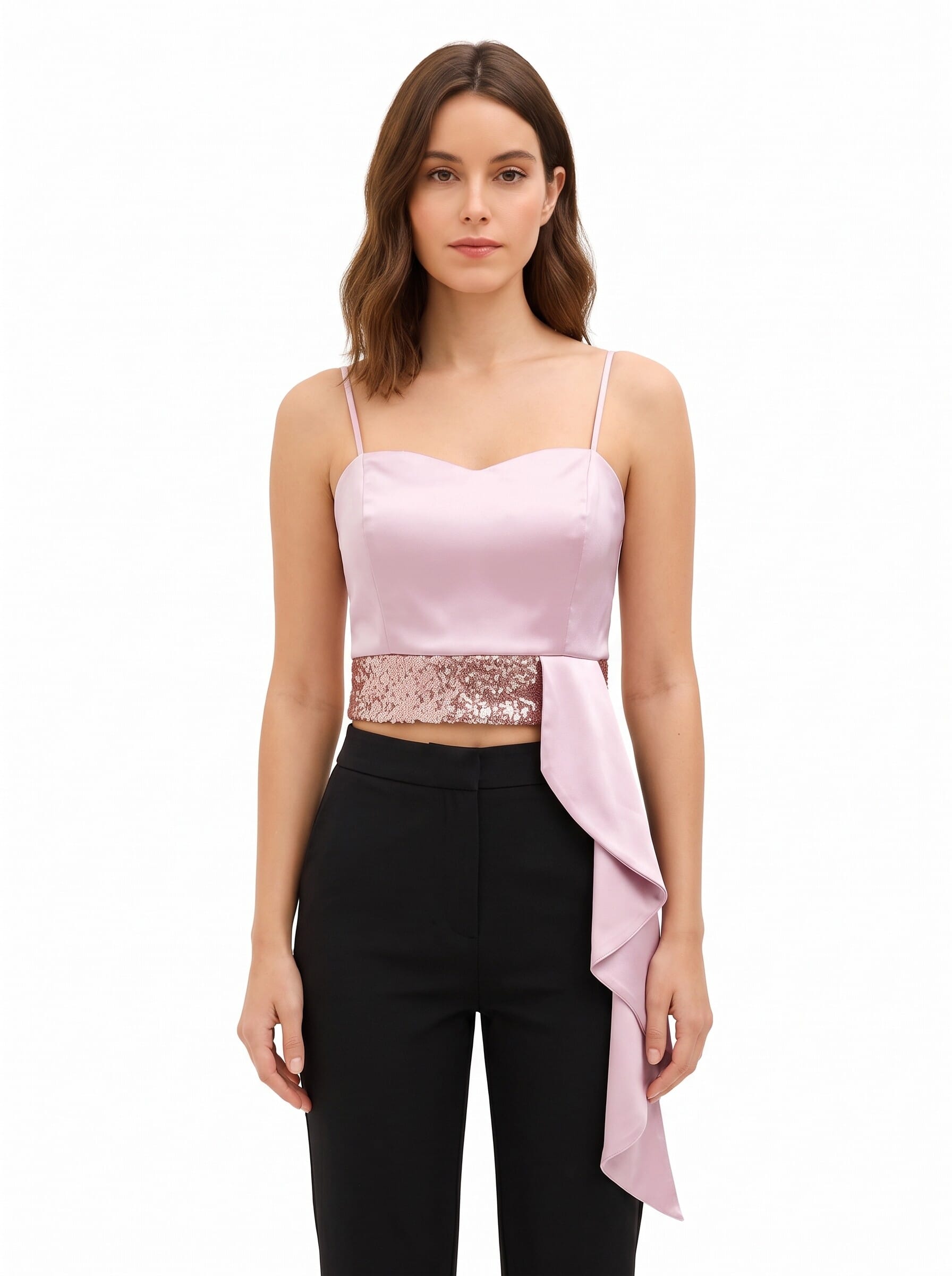 Crop Top Bustier In Raso E Paillettes Con Lungo Volant Rinascimento