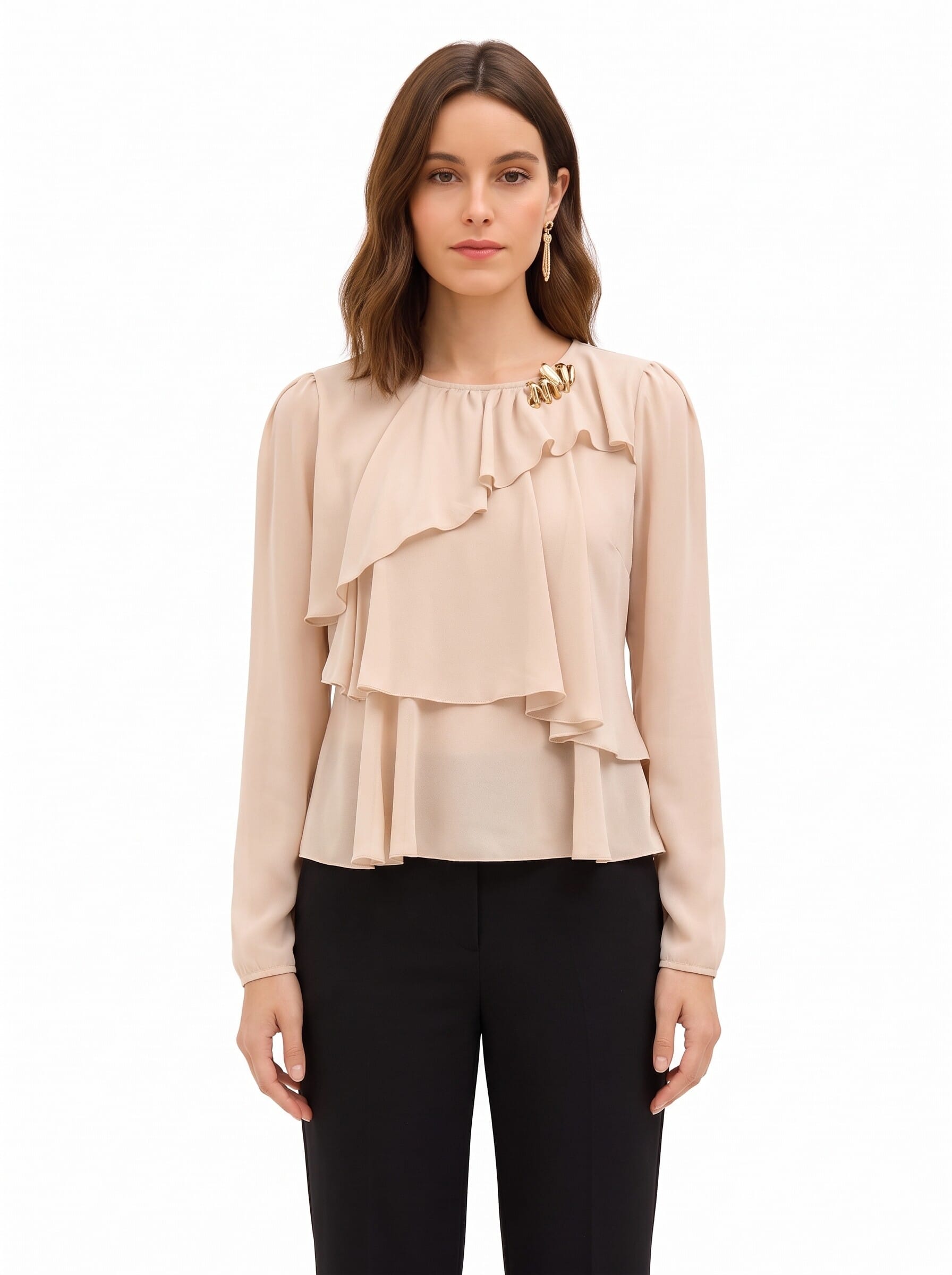 Georgette Blouse with Layered Ruffles and a Decorative ‘Rinascimento’ Brooch