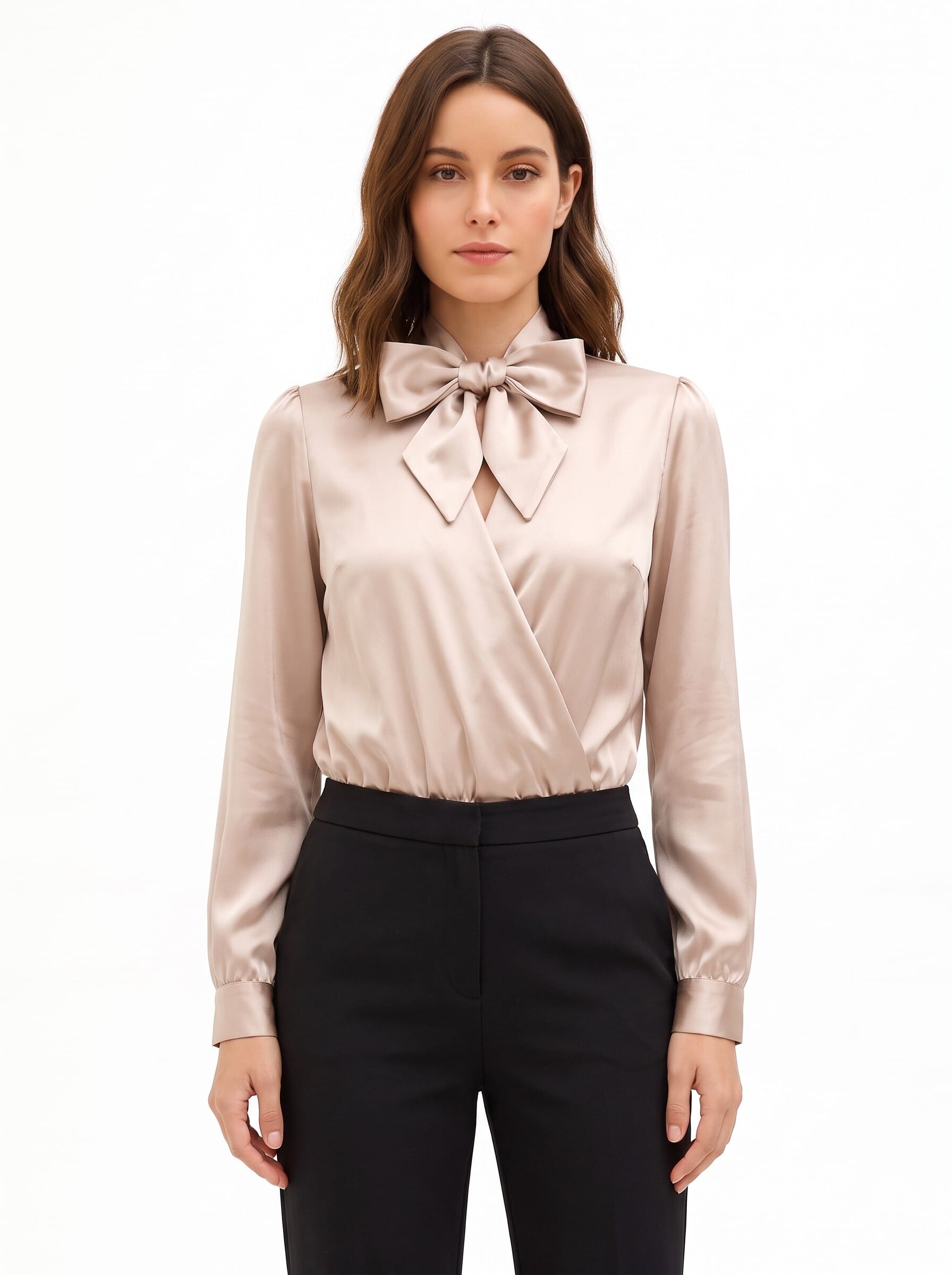 Loose-fitting satin bodysuit with a V-neck, crossover detail and a ‘Rinascimento’ bow
