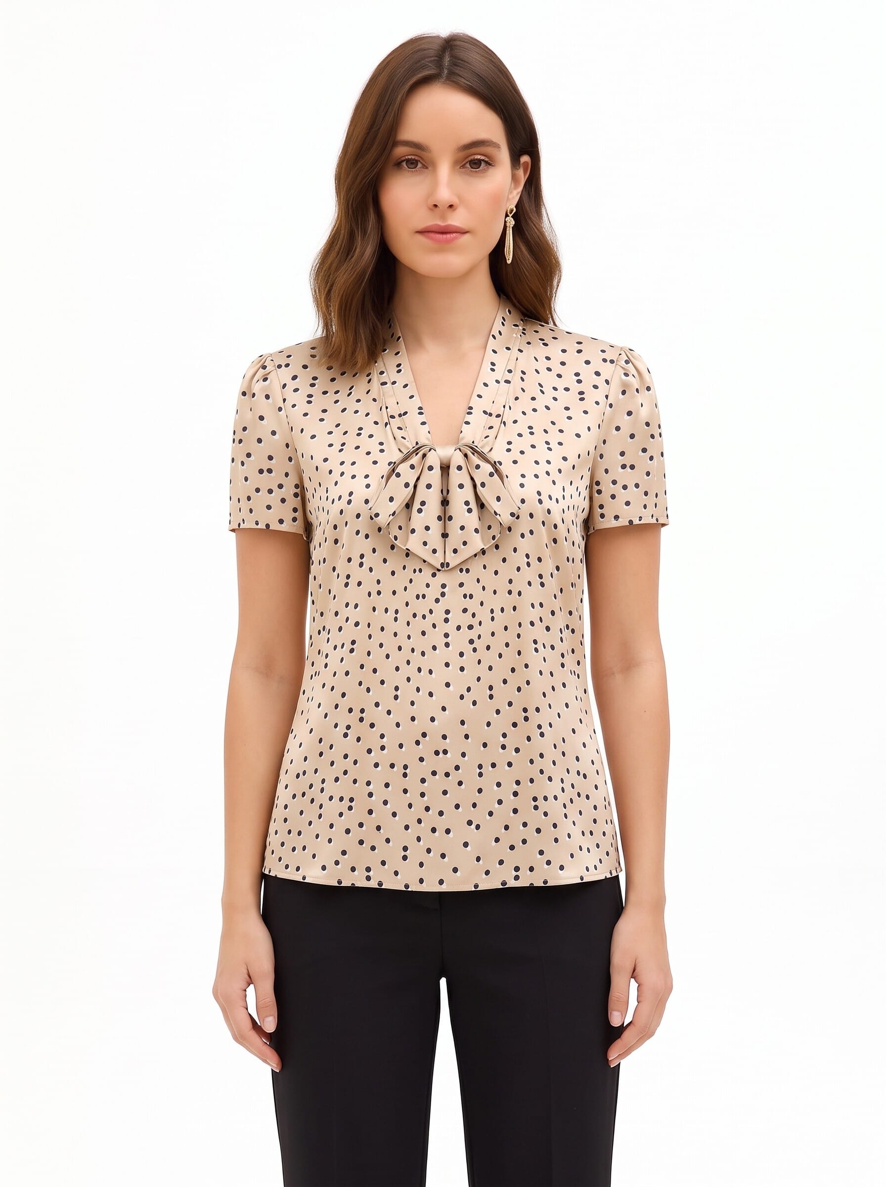 Double-Polka-Dot Satin Blouse with V-Neck and Rinascimento Bow