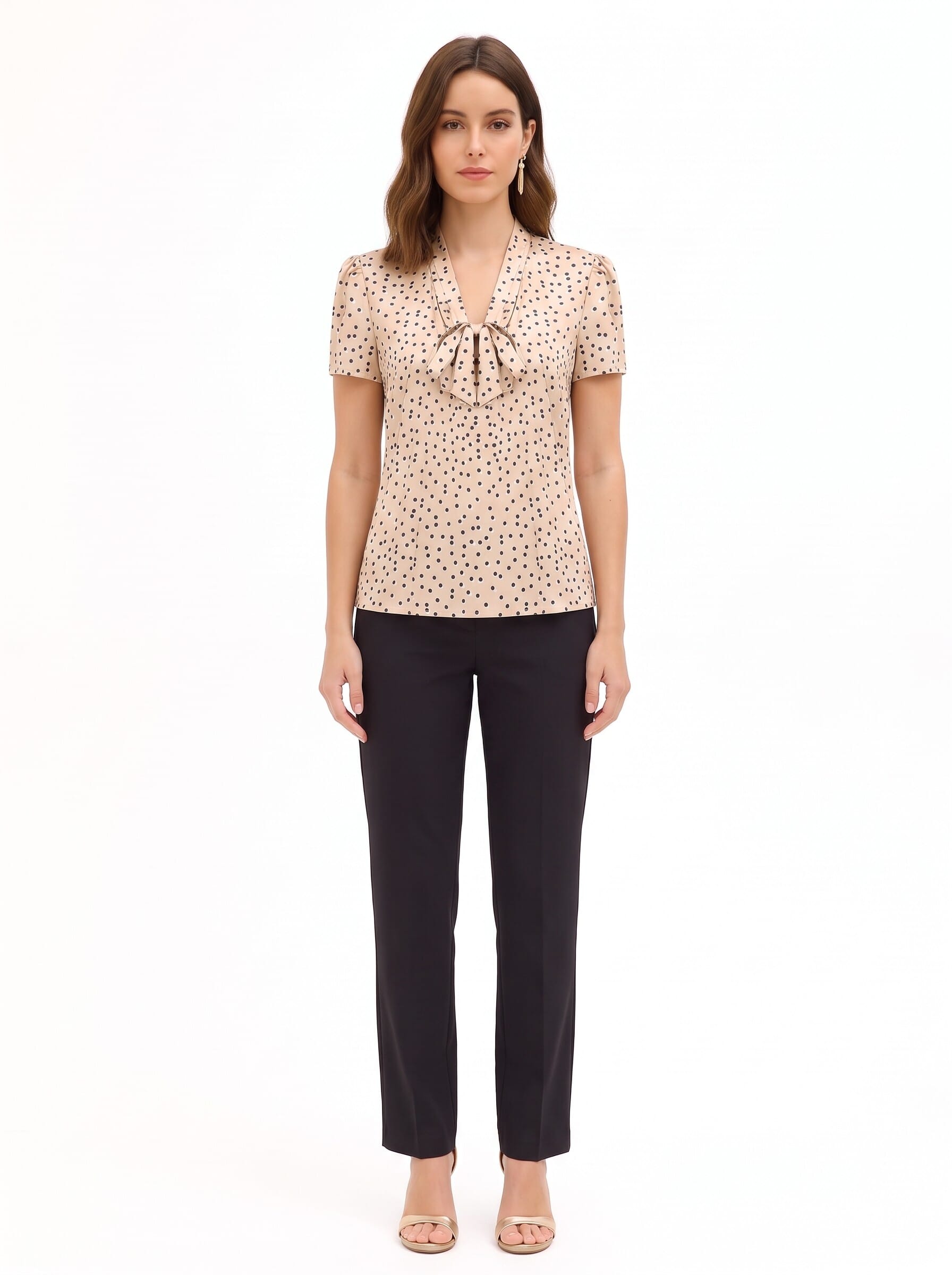 Double-Polka-Dot Satin Blouse with V-Neck and Rinascimento Bow