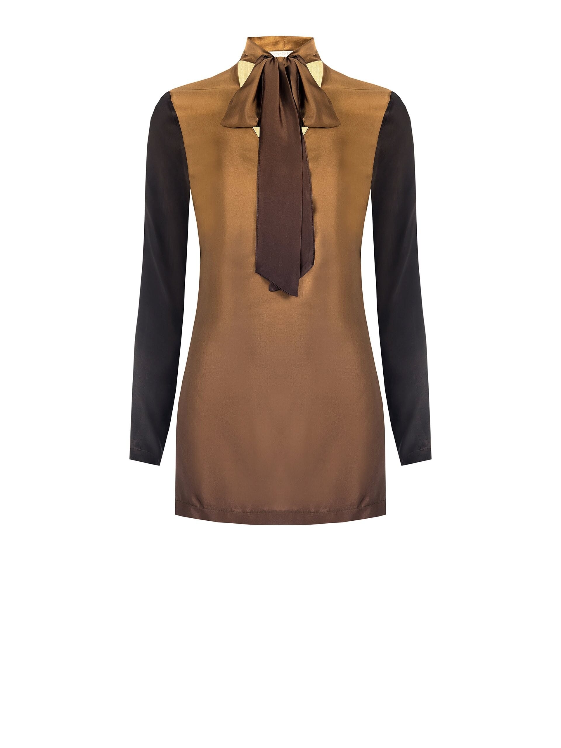 Blouse longue cintrée en satin, avec encolure en V et nœud « Rinascimento »