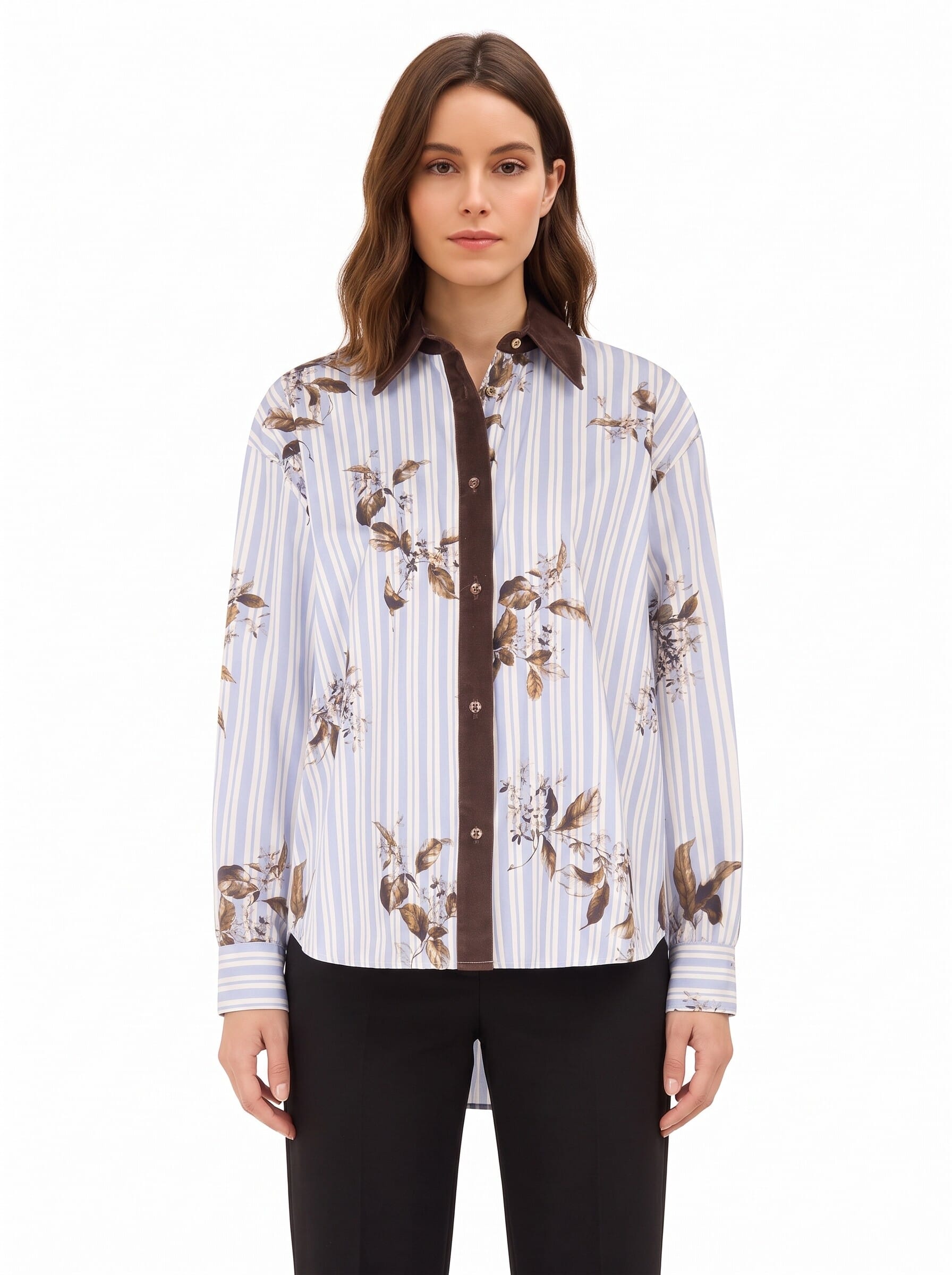 Chemise ample en coton à rayures, avec imprimé floral et détails en velours « Rinascimento »