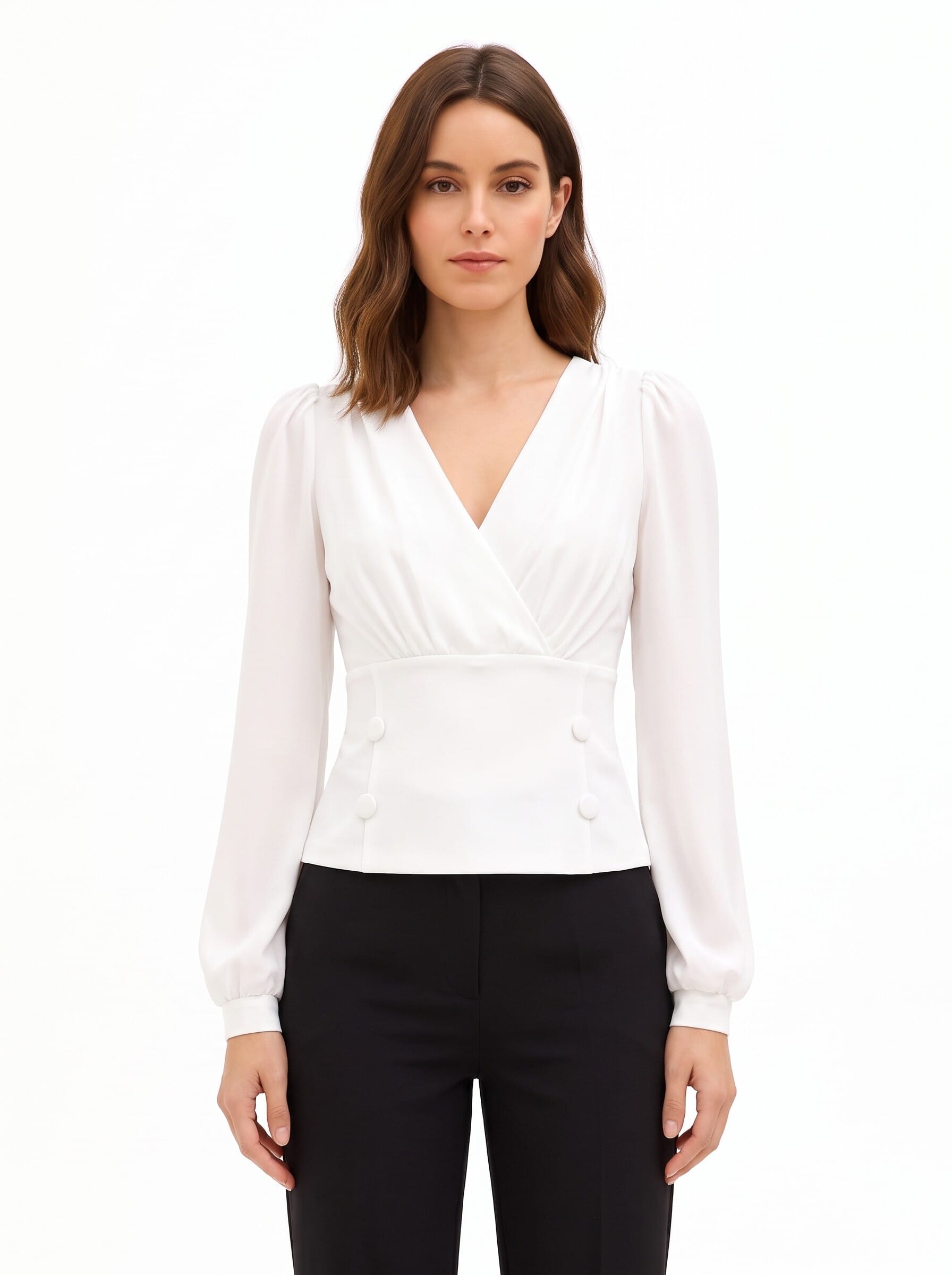 Blouse cintrée en crêpe scuba, avec encolure en V croisée et boutons assortis « Rinascimento »