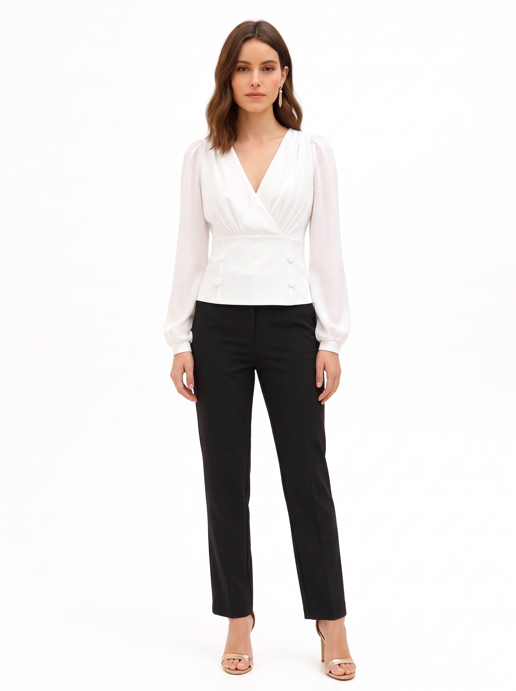 Blouse cintrée en crêpe scuba, avec encolure en V croisée et boutons assortis « Rinascimento »