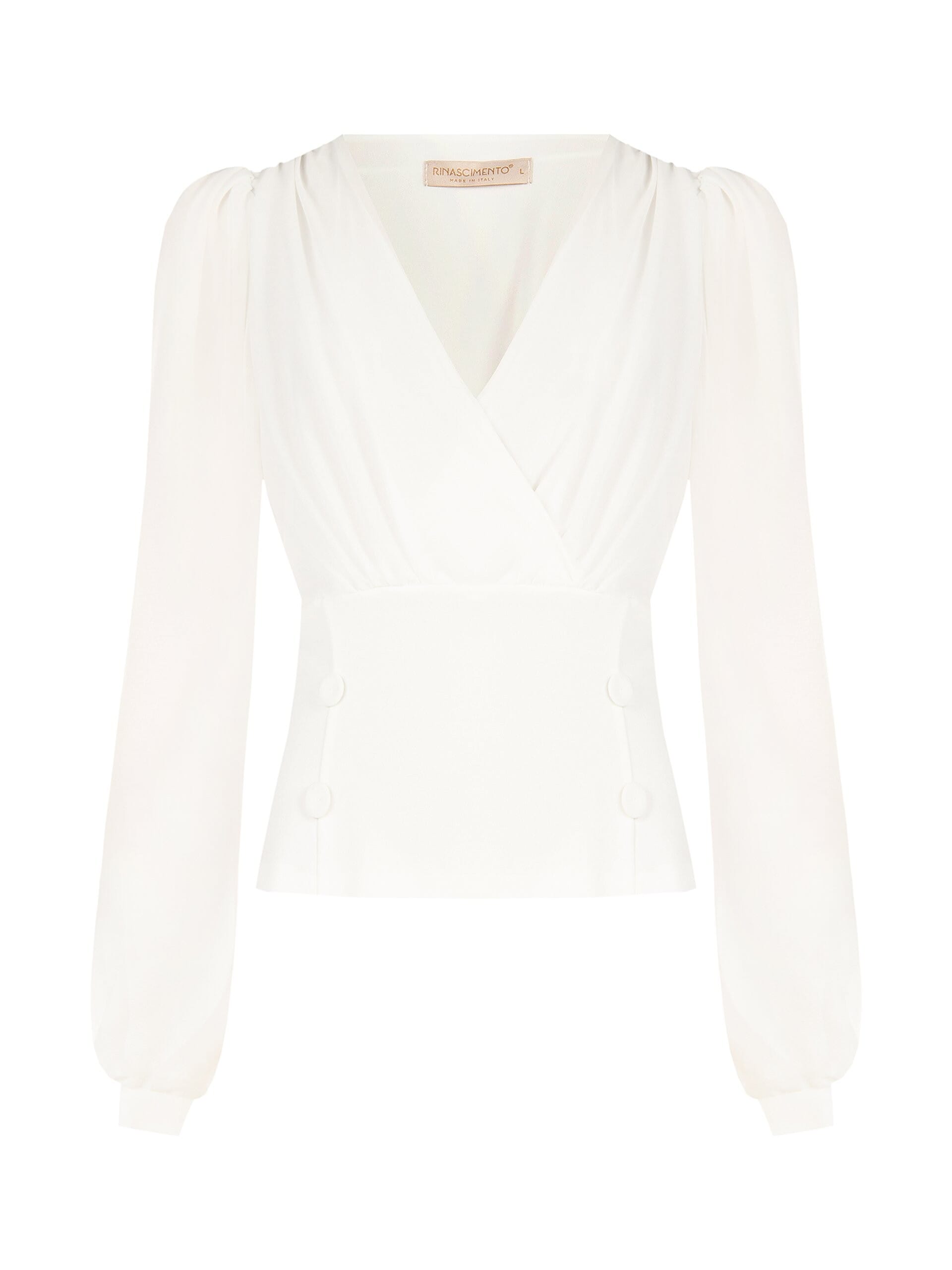 Blouse cintrée en crêpe scuba, avec encolure en V croisée et boutons assortis « Rinascimento »