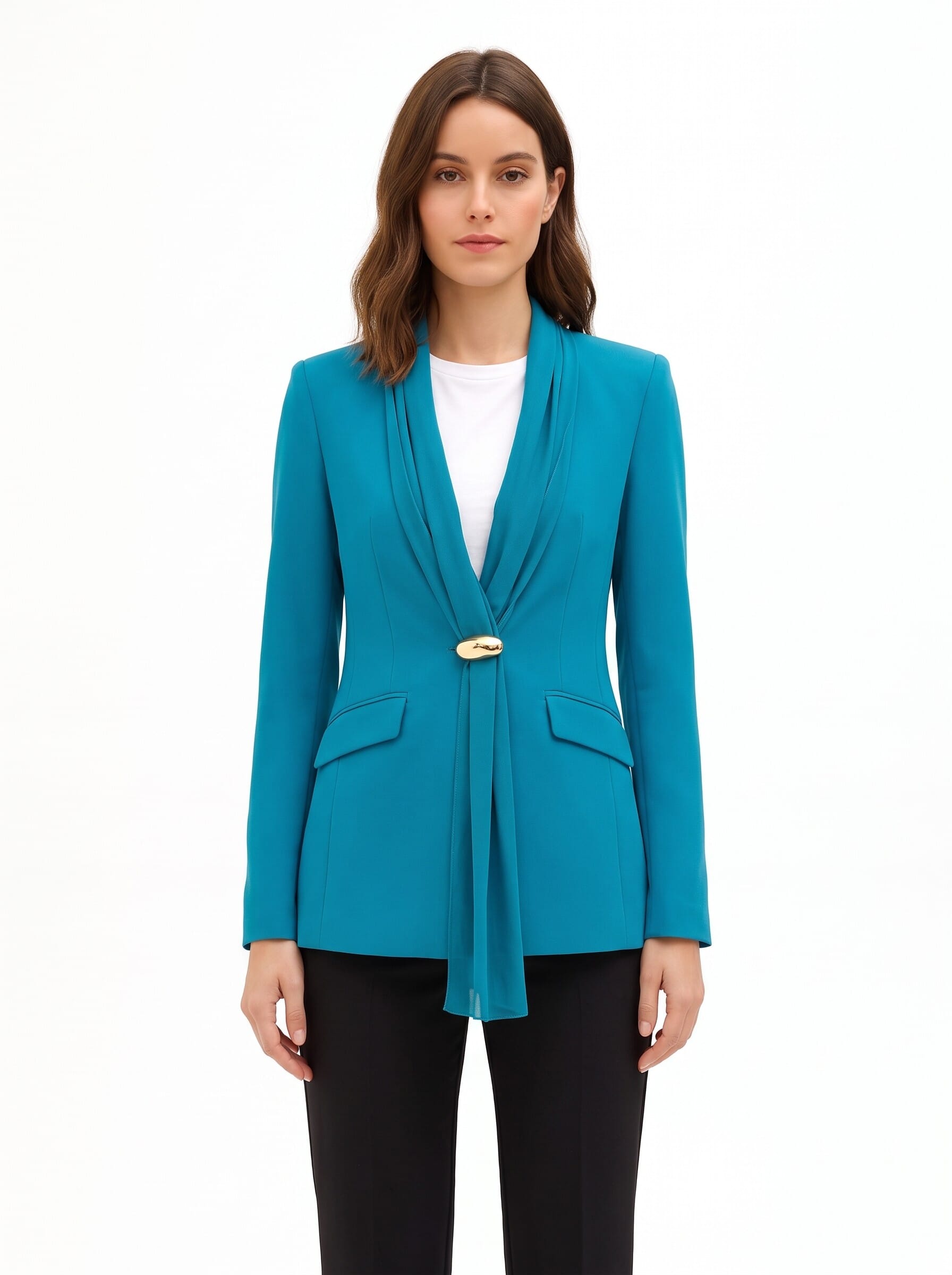 Fitted Cadi Blazer Jacket with a Rinascimento Georgette Collar and Draping