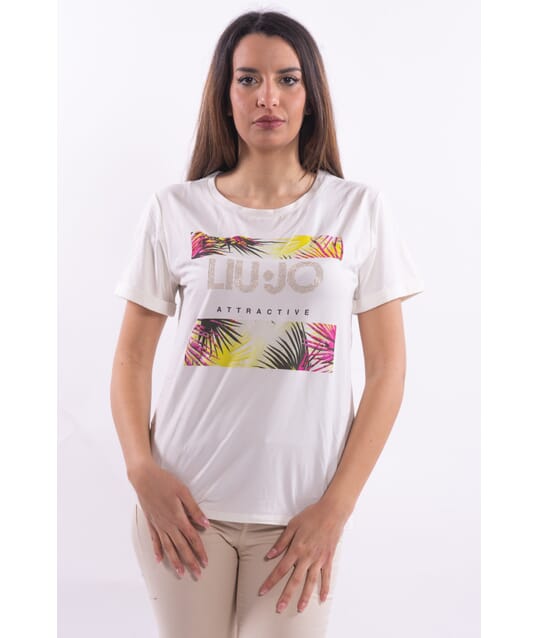 T-Shirt Con Fantasia Tropicale E Strass Liu Jo