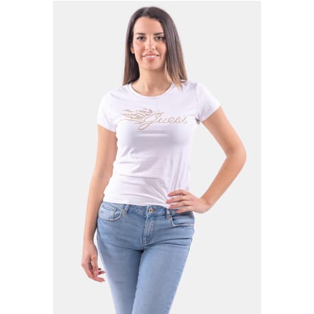 T-Shirt Con Logo Frontale Con Strass Guess