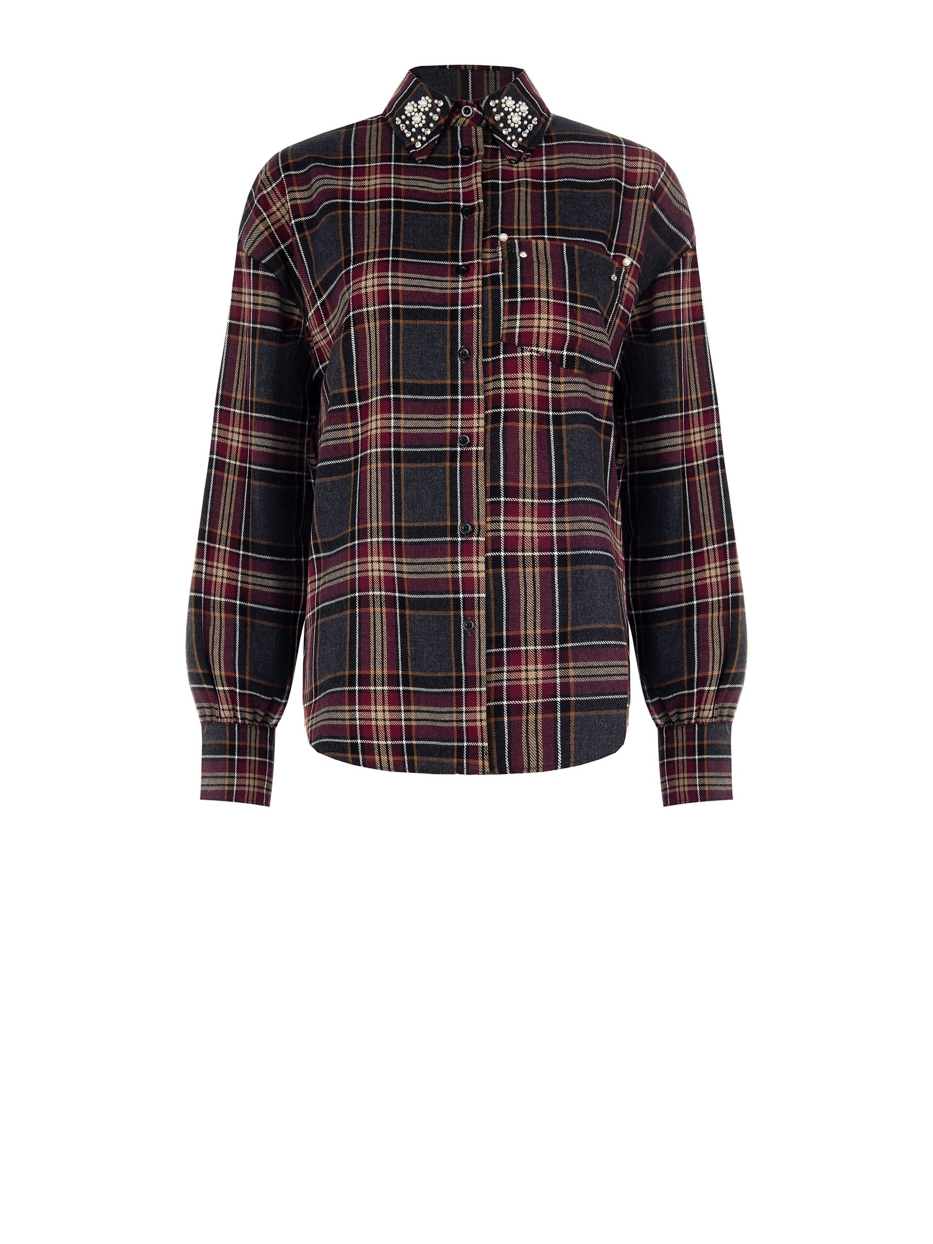 Cotton Blend Check Shirt With Beads And Rhinestones Rinascimento