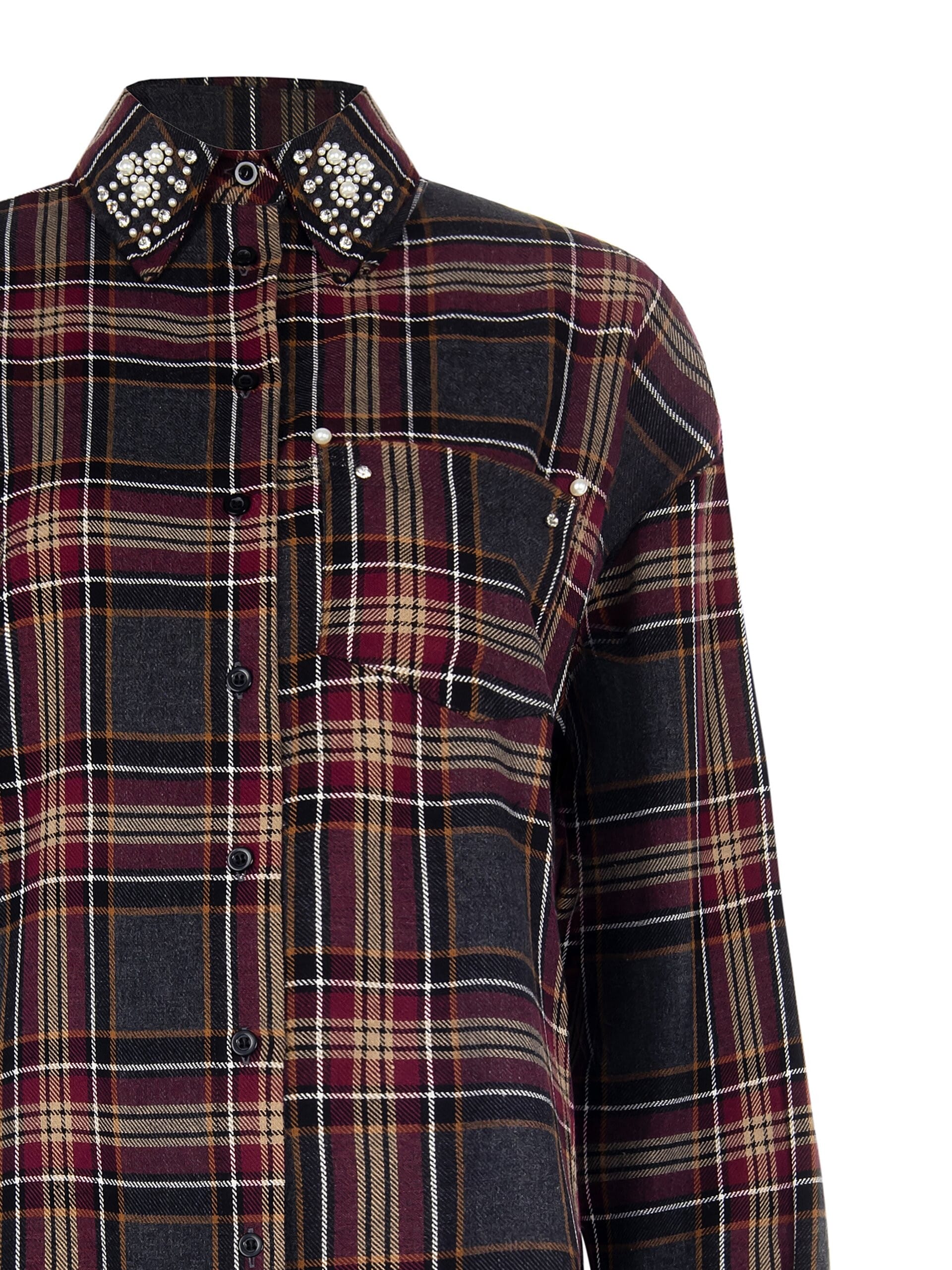 Cotton Blend Check Shirt With Beads And Rhinestones Rinascimento