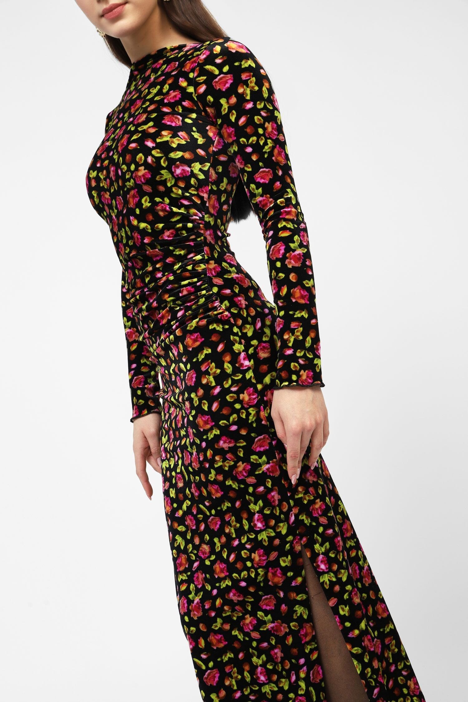 Abito Effetto Velluto A Fiori Con Maniche Lunghe Dixie