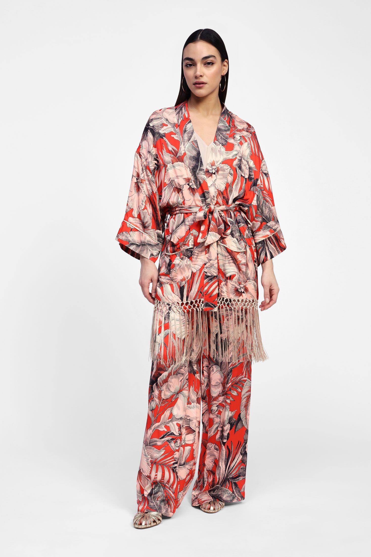 Kimono Floreale Con Frange E Cintura Dixie