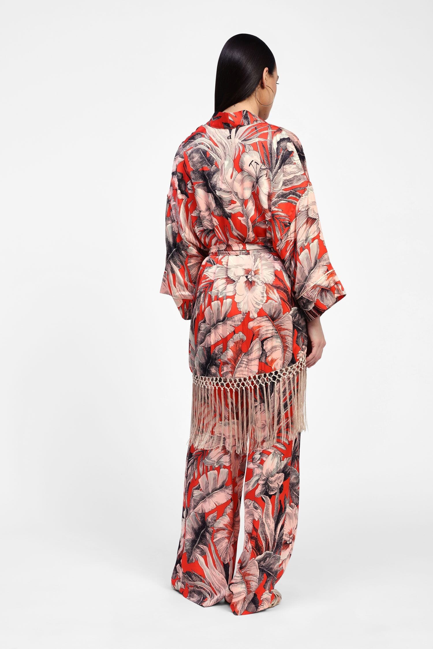 Kimono Floreale Con Frange E Cintura Dixie