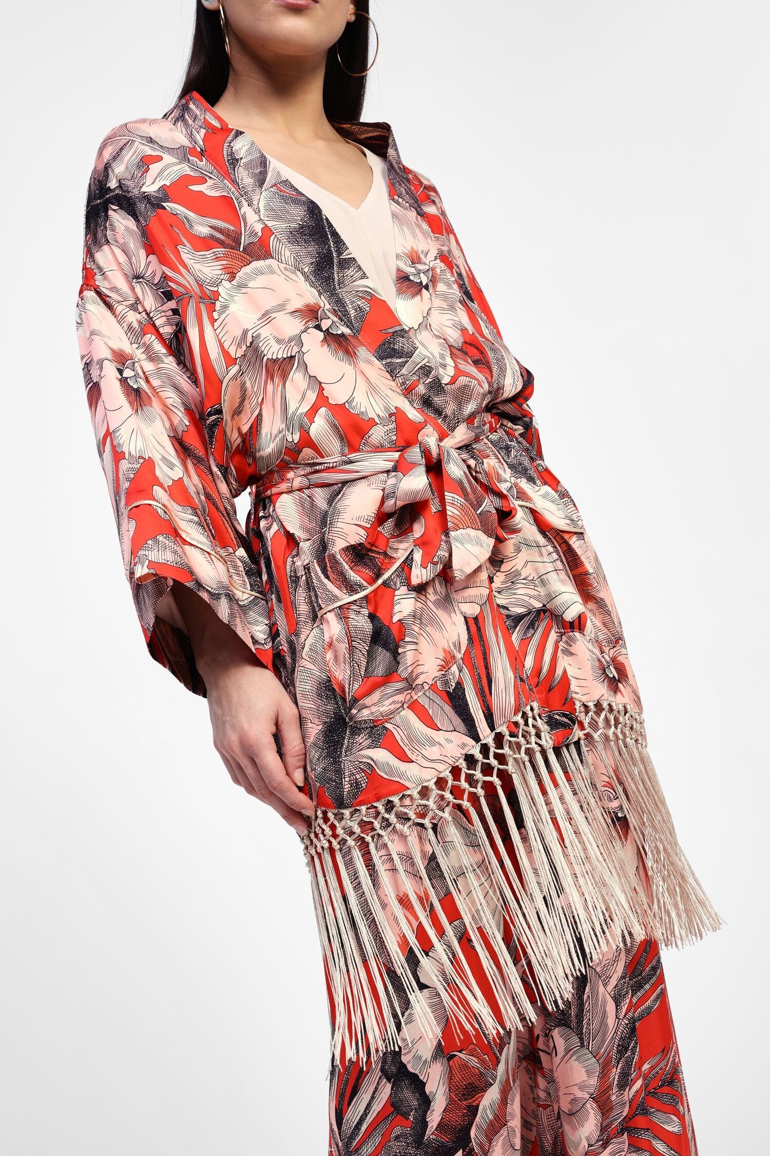 Kimono Floreale Con Frange E Cintura Dixie