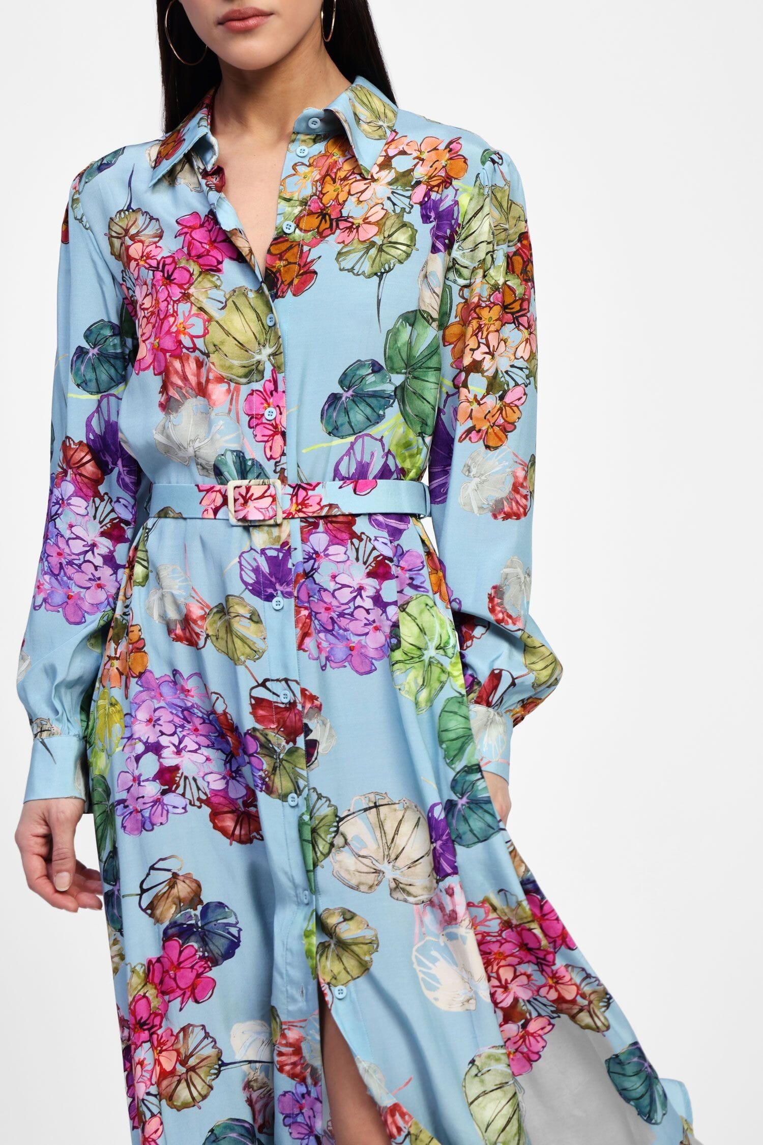 Vestito Chemisier Lungo Floreale A Maniche Lunghe Dixie