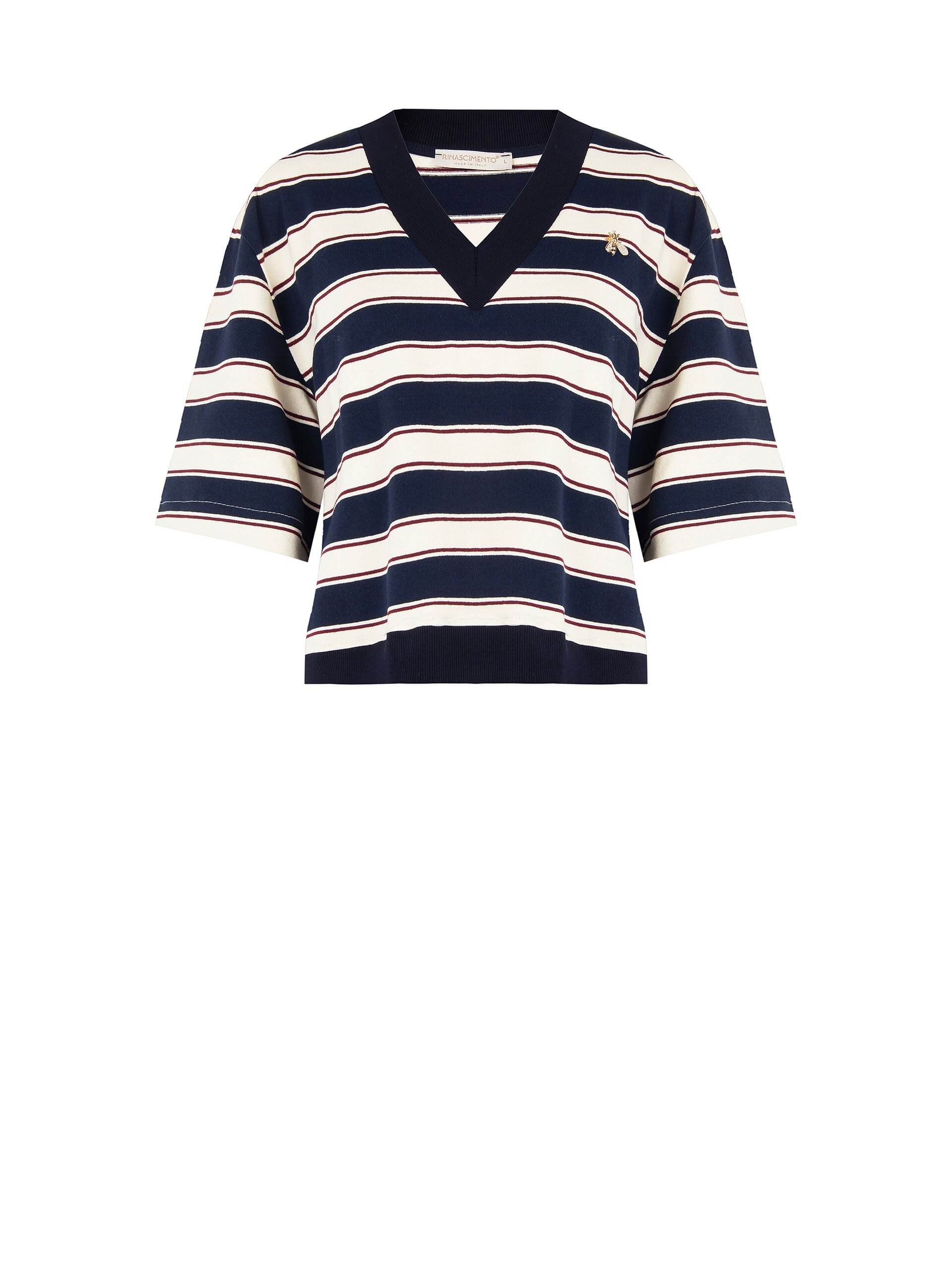 Cotton Mix Short-Sleeved Sweatshirt With V-Neck And Bee Pin Rinascimento