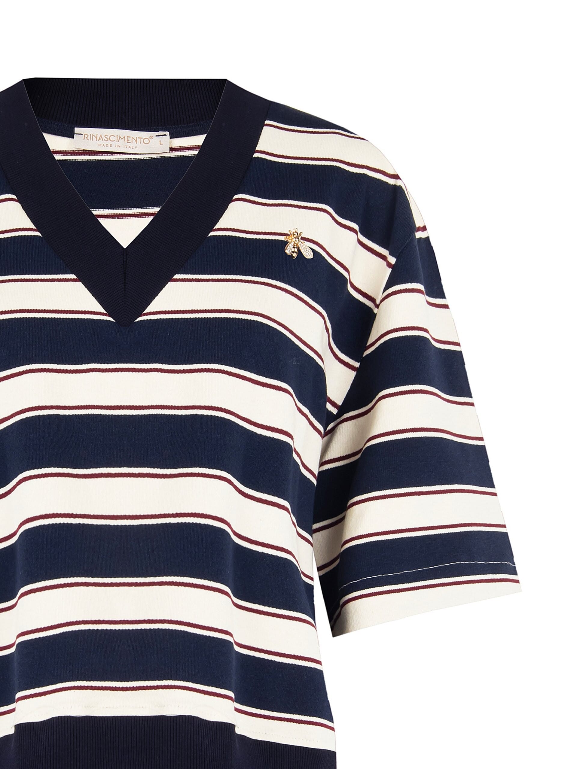 Cotton Mix Short-Sleeved Sweatshirt With V-Neck And Bee Pin Rinascimento