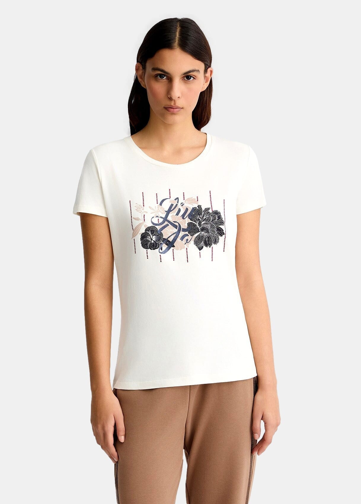 T-Shirt Con Logo Floreale E Strass Liu Jo