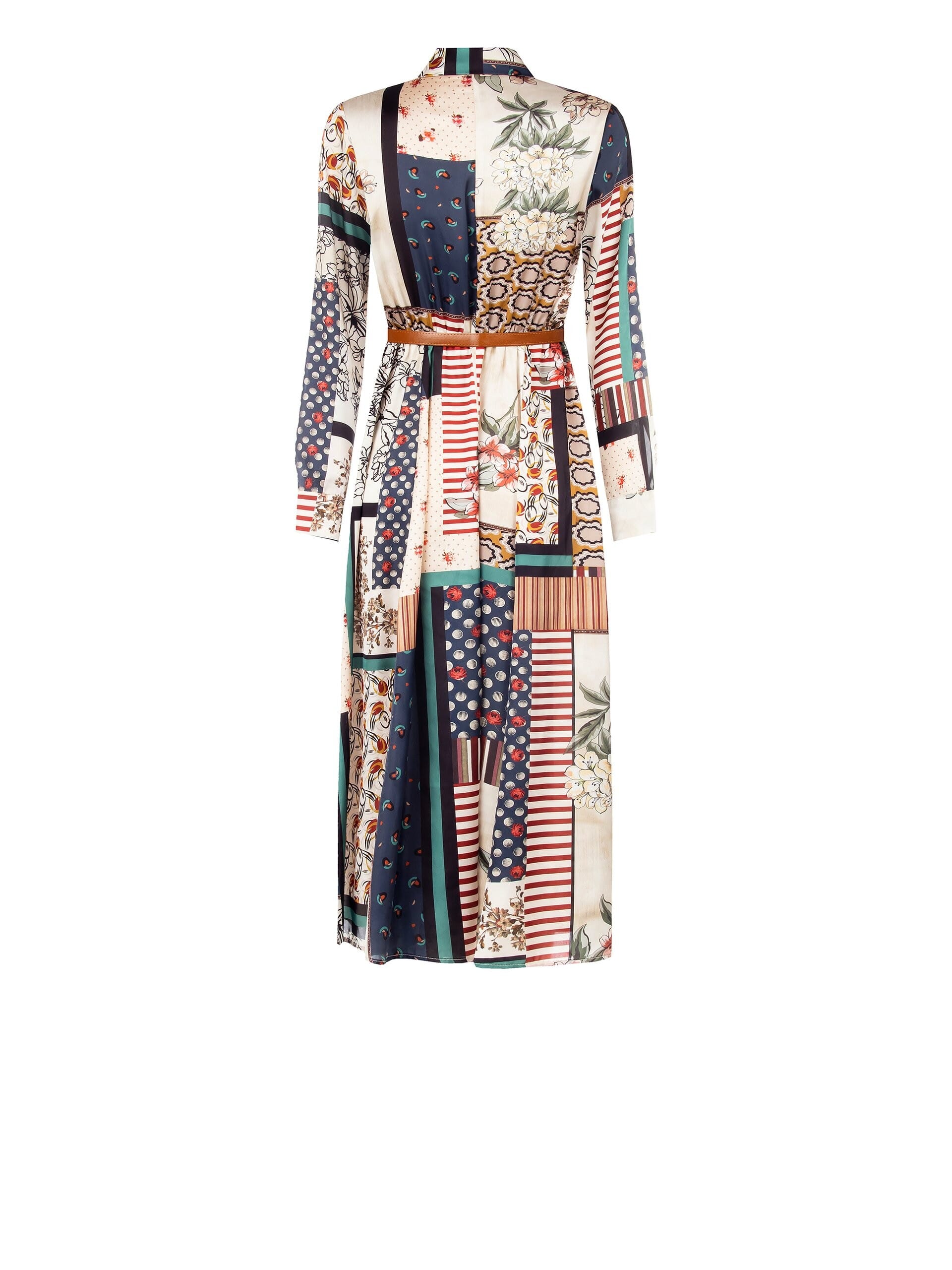 Abito Lungo Chemisier In Raso Con Cintura In Similpelle Abbinata Rinascimento