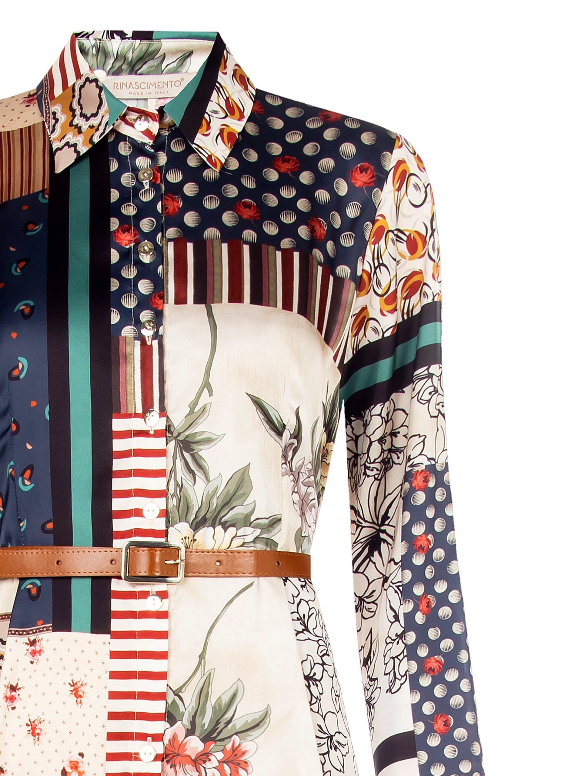 Abito Lungo Chemisier In Raso Con Cintura In Similpelle Abbinata Rinascimento