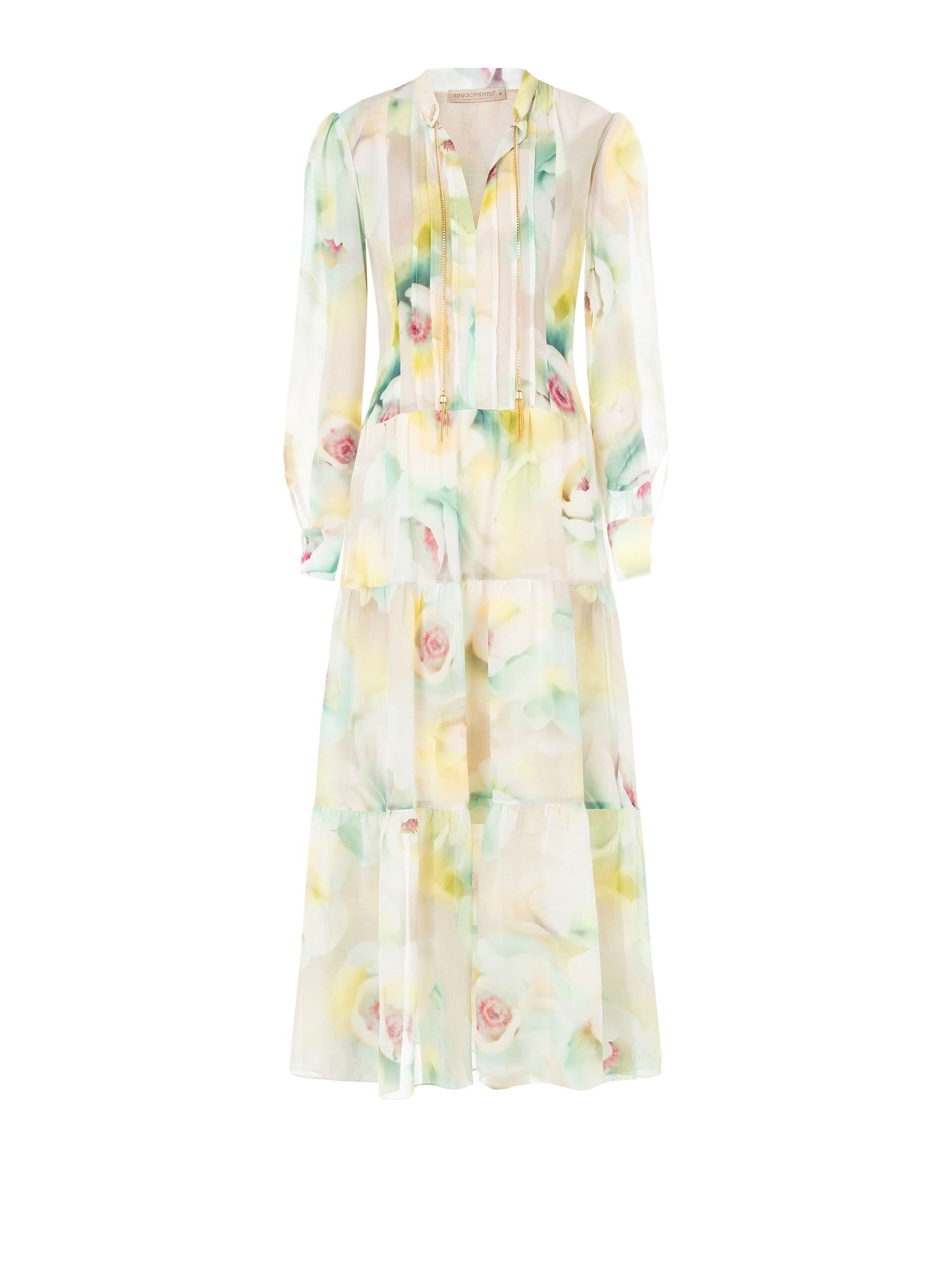 Abito Lungo A Balze In Georgette Con Scollo A V E Catene Nel Colletto Rinascimento