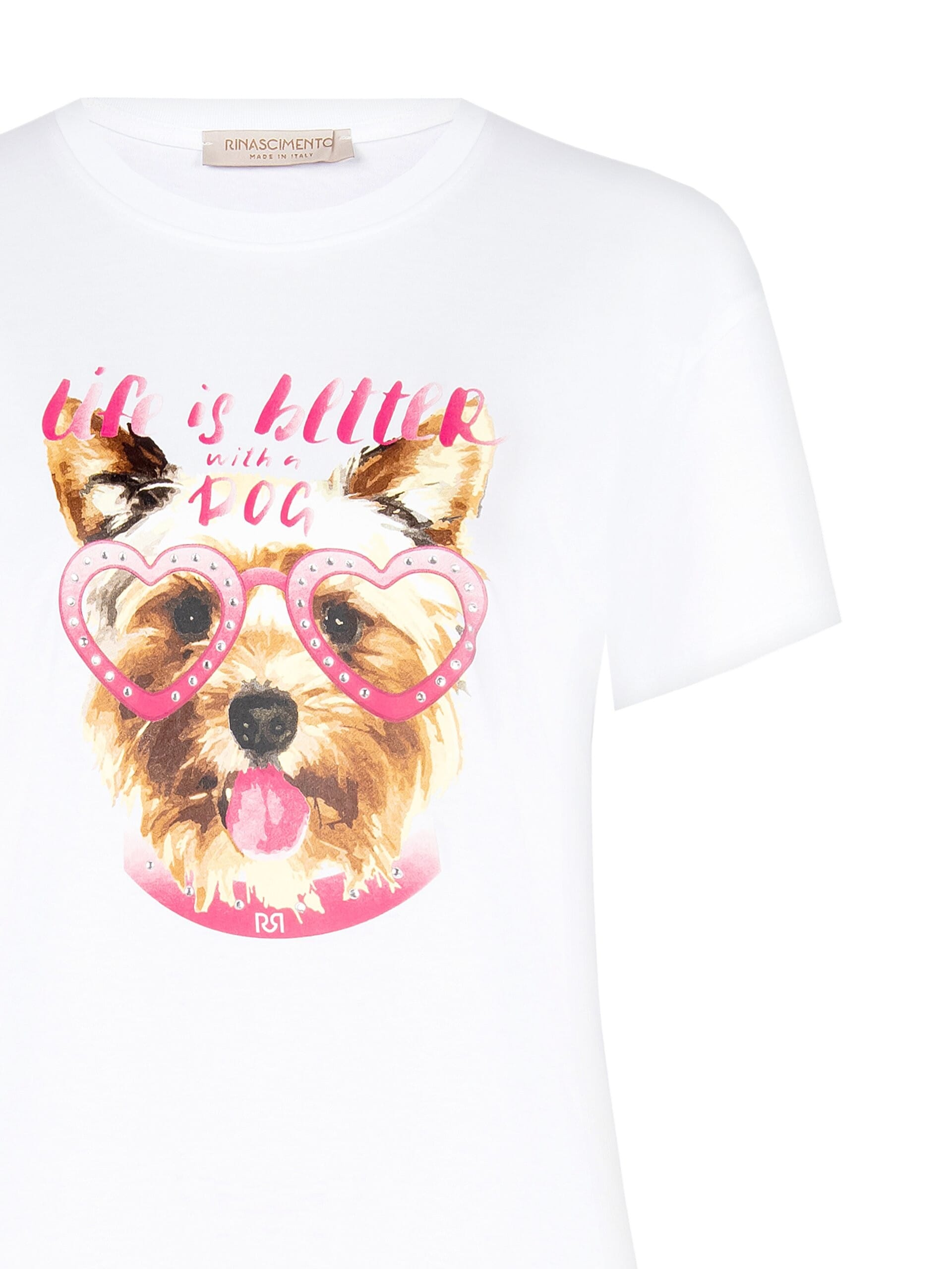 T-Shirt Regular In Cotone Con Stampa Cane E Strass Rinascimento