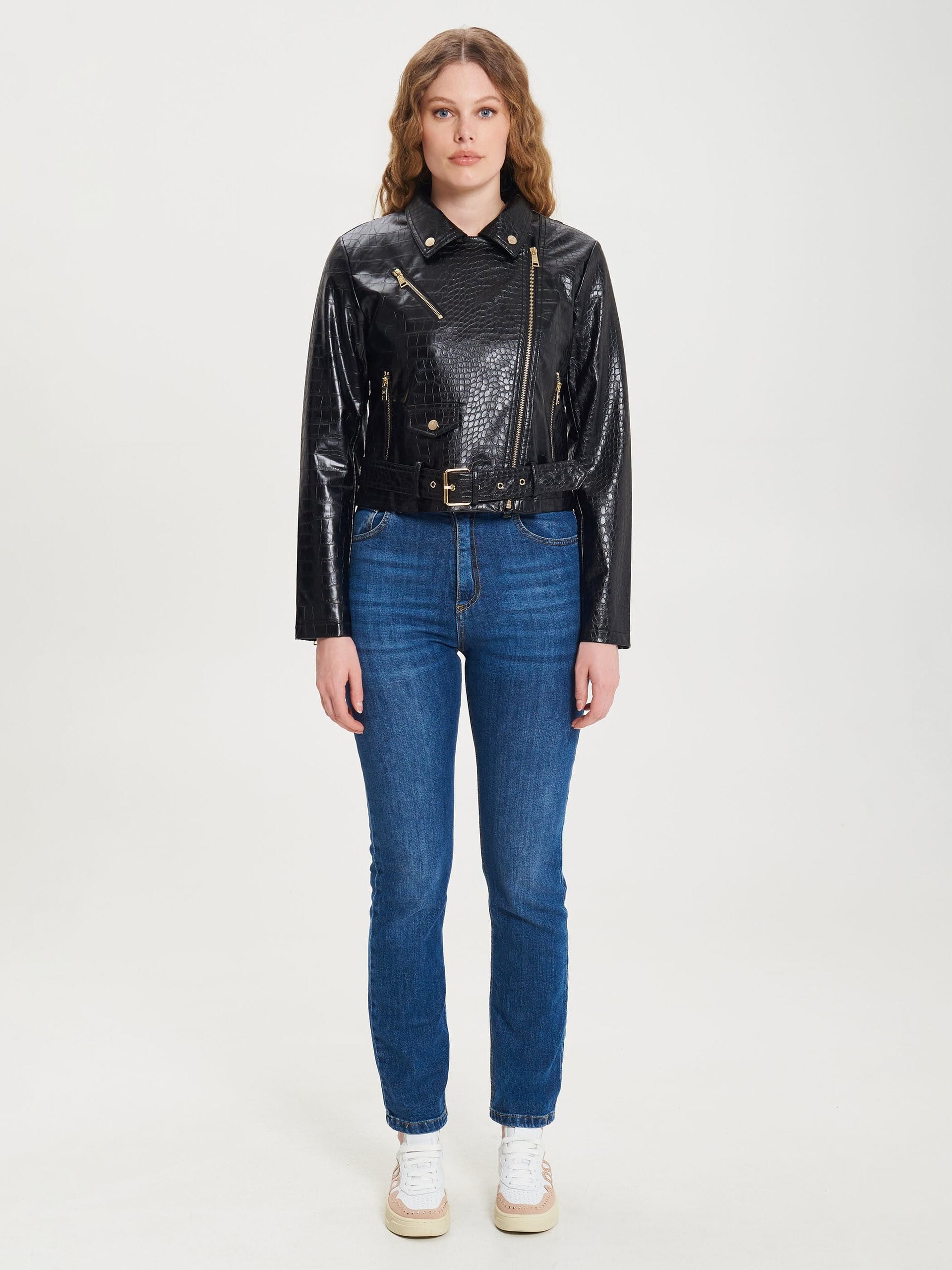 Giubbotto Chiodo In Similpelle Pitonata Con Cintura Coordinata Rinascimento