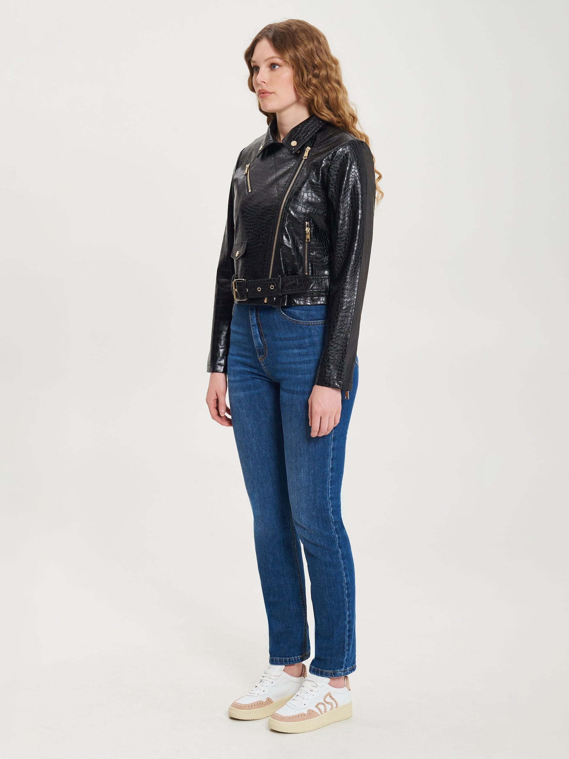 Giubbotto Chiodo In Similpelle Pitonata Con Cintura Coordinata Rinascimento